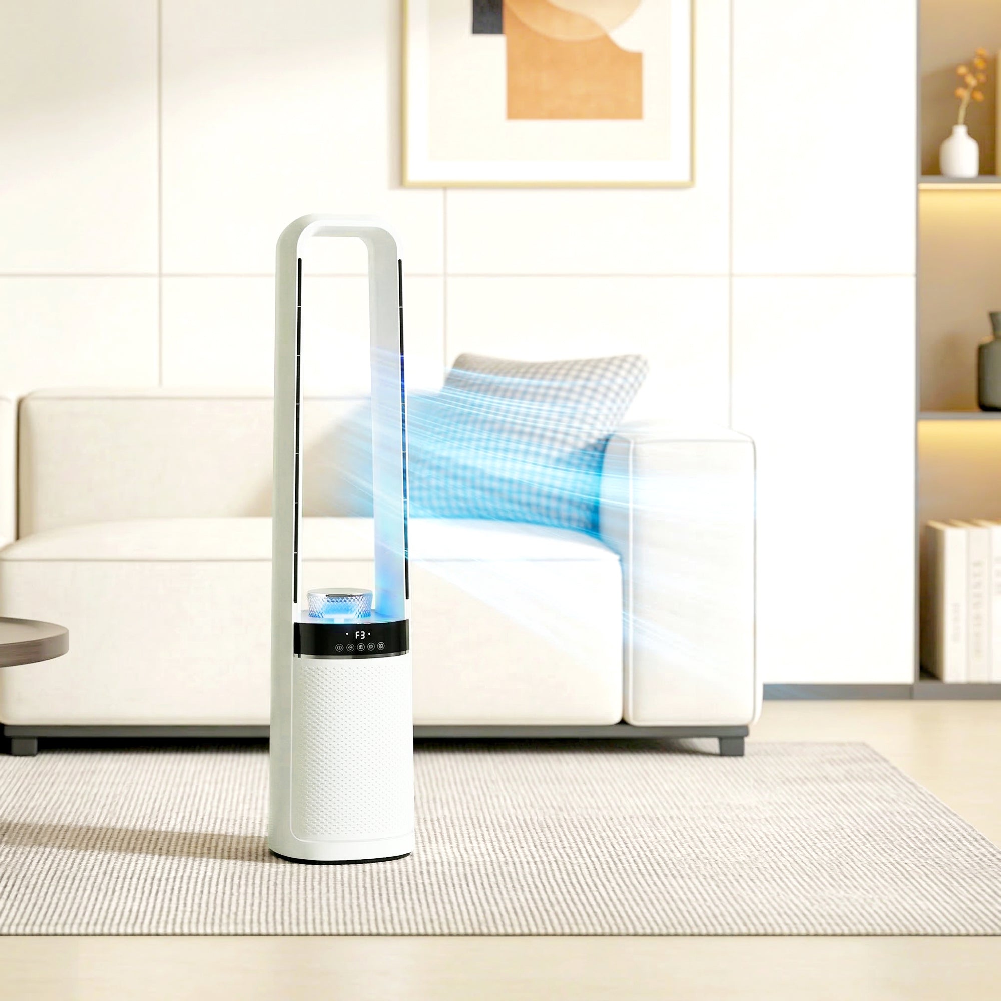 Ultra-Quiet Tower Fan — 36 dB, 36.7 in, 45° Oscillation, LED Ambient Lights, 3 Speeds, 12H Timer, Remote — White