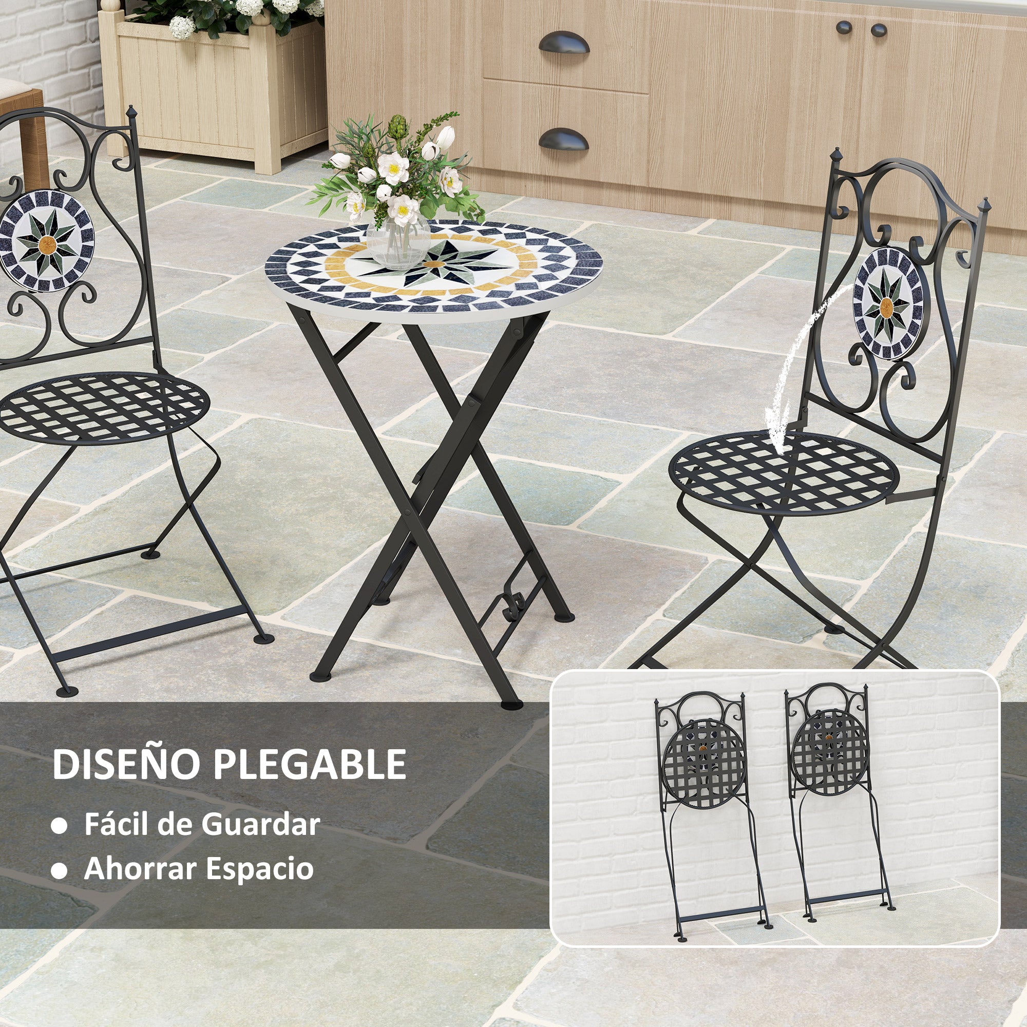 3-Piece Outdoor Garden Set Outdoor Furniture with Round Table Folding Chairs and Geometric Mosaic Pattern for Terrace Patio Balcony Multicolor