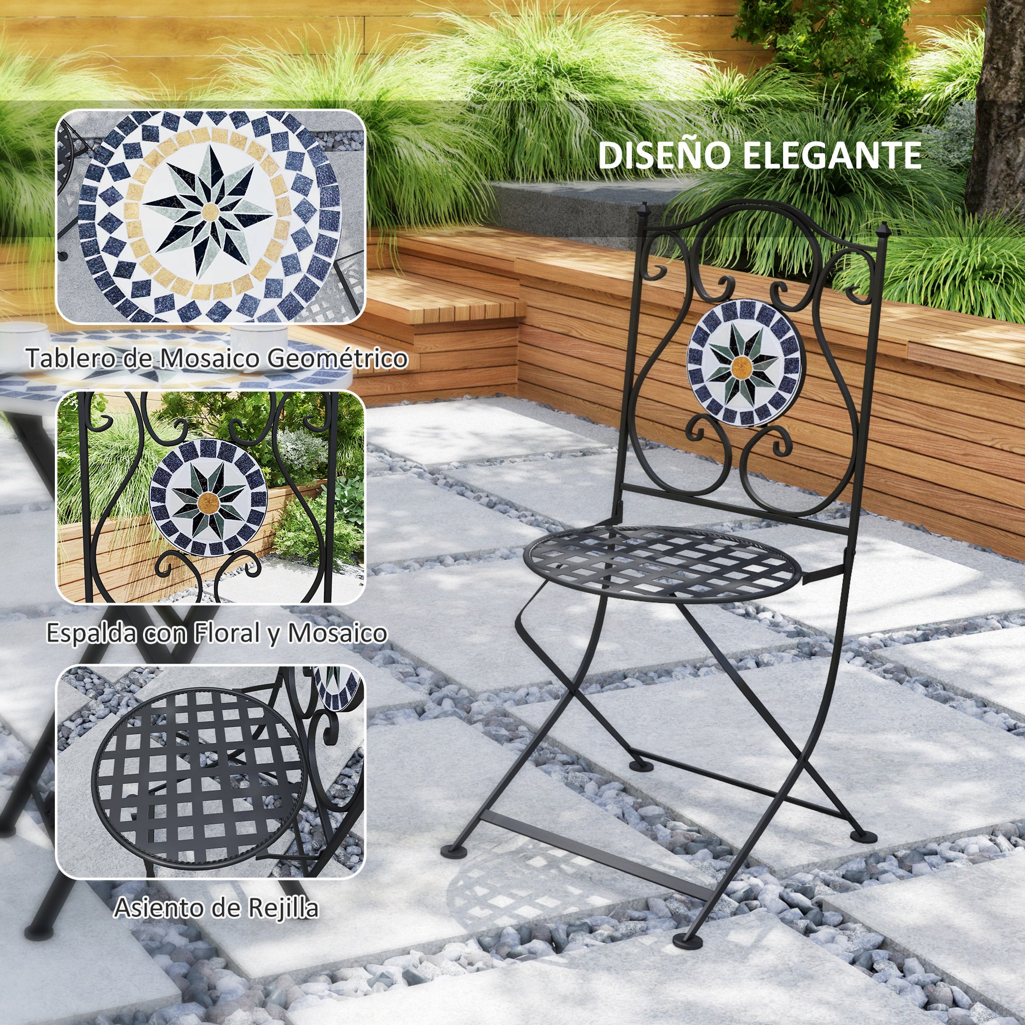 3-Piece Outdoor Garden Set Outdoor Furniture with Round Table Folding Chairs and Geometric Mosaic Pattern for Terrace Patio Balcony Multicolor