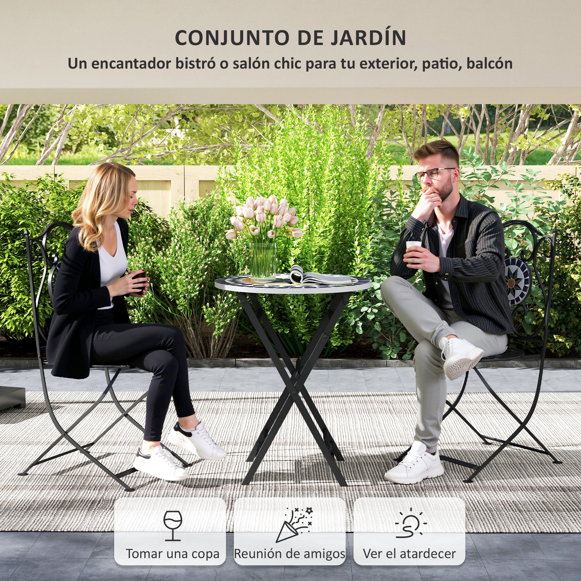 3-Piece Outdoor Garden Set Outdoor Furniture with Round Table Folding Chairs and Geometric Mosaic Pattern for Terrace Patio Balcony Multicolor