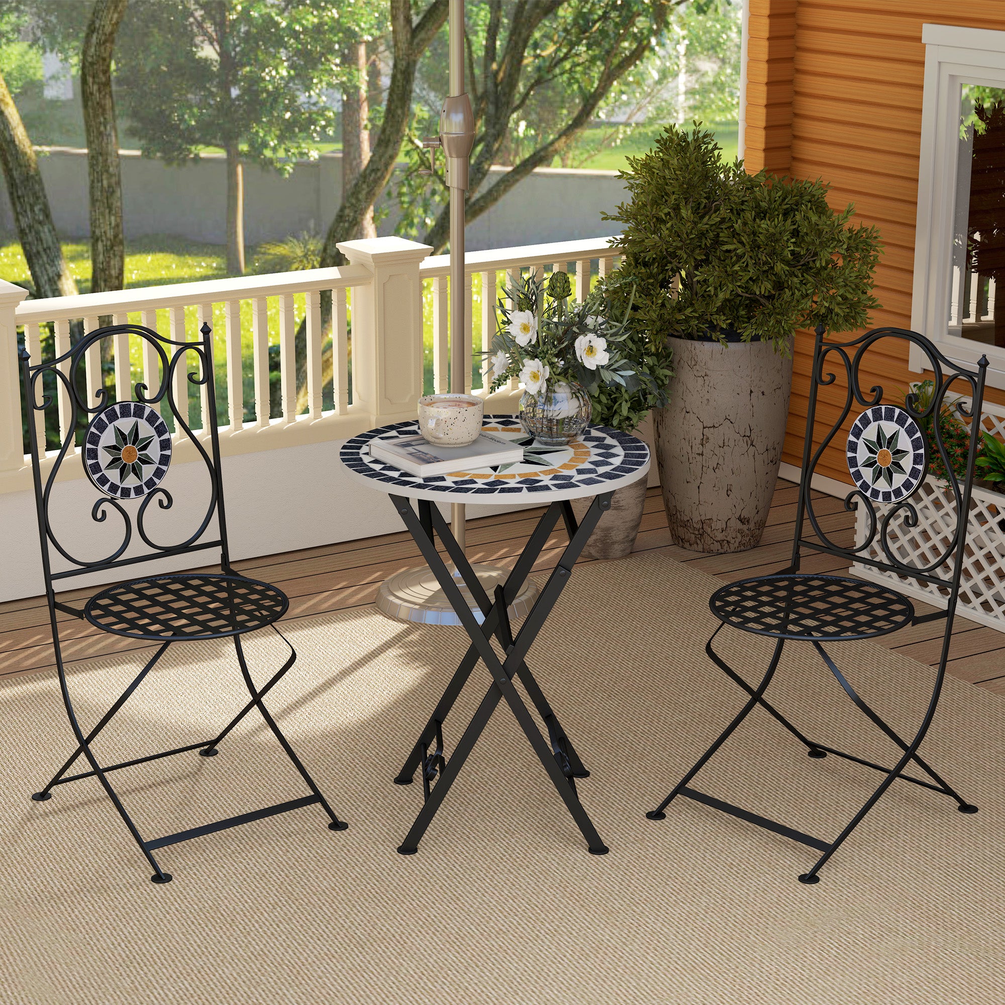 3-Piece Outdoor Garden Set Outdoor Furniture with Round Table Folding Chairs and Geometric Mosaic Pattern for Terrace Patio Balcony Multicolor