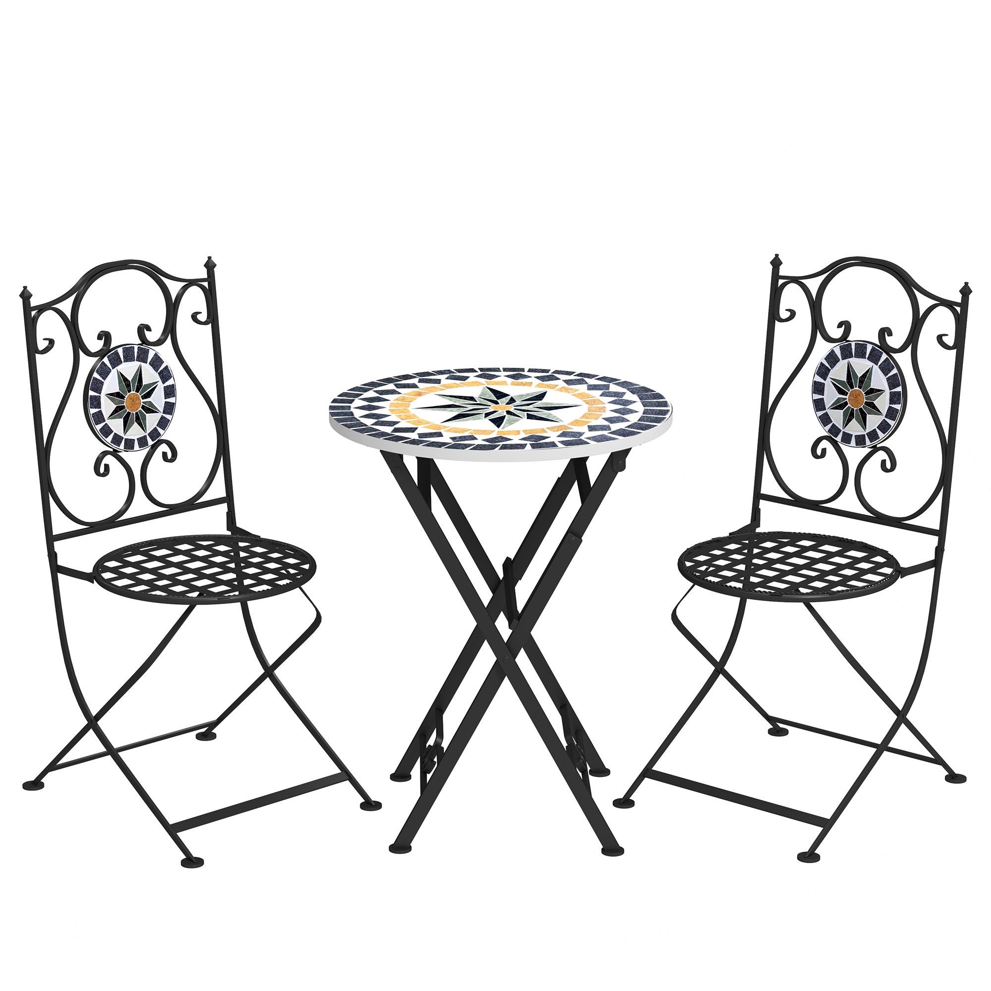 3-Piece Outdoor Garden Set Outdoor Furniture with Round Table Folding Chairs and Geometric Mosaic Pattern for Terrace Patio Balcony Multicolor