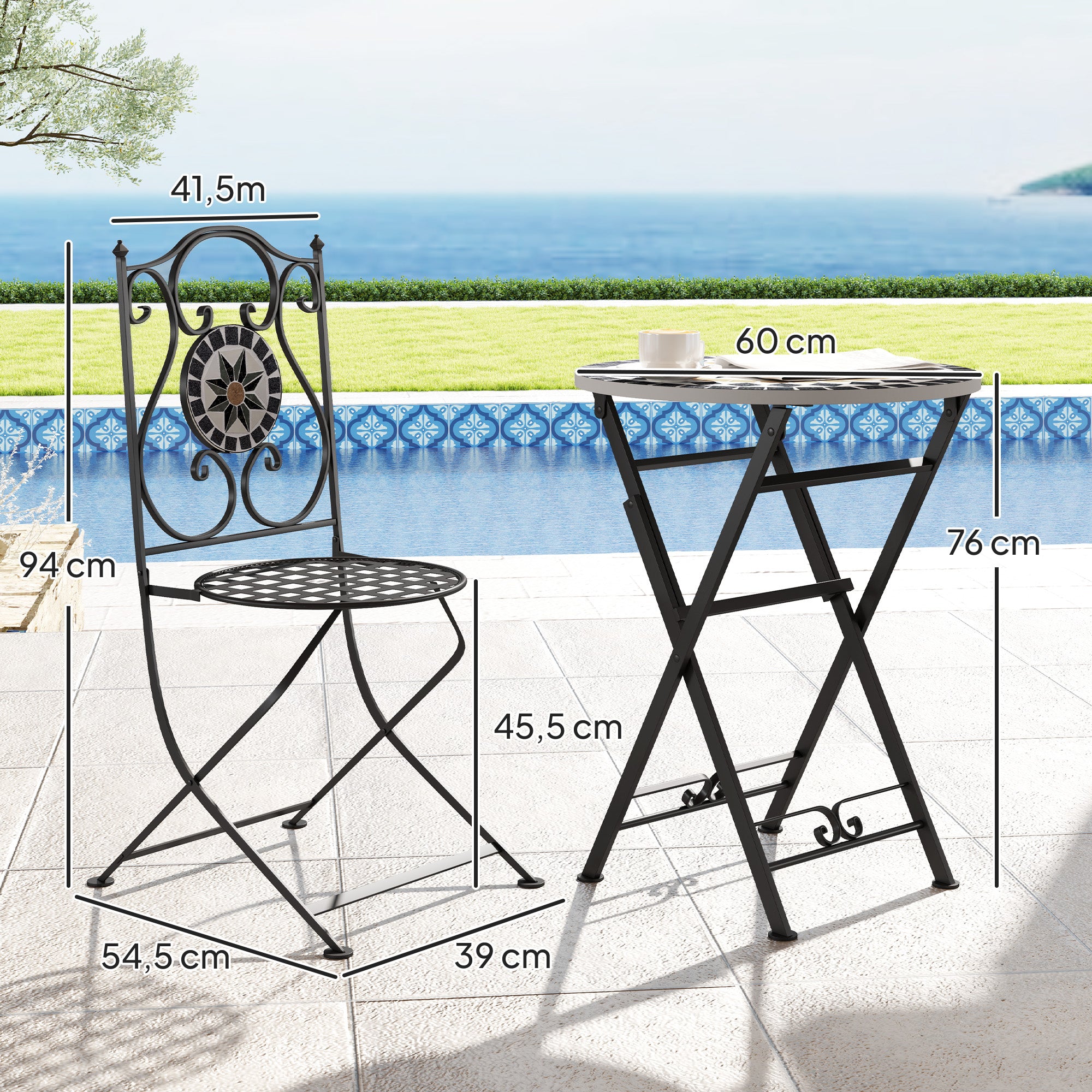 3-Piece Outdoor Garden Set Outdoor Furniture with Round Table Folding Chairs and Geometric Mosaic Pattern for Terrace Patio Balcony Multicolor