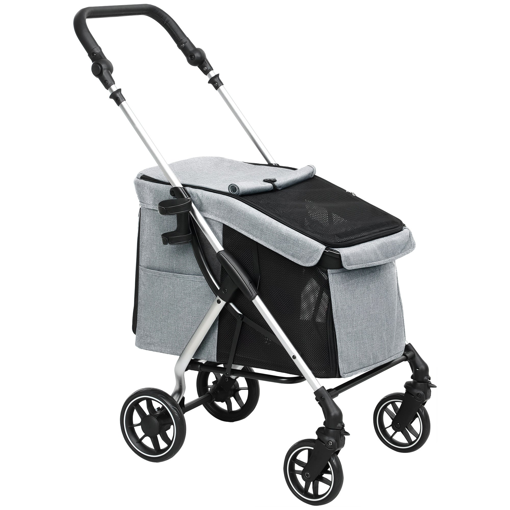 Dog Stroller Foldable Pet Stroller for Small Dogs with Universal Wheels Aluminum Frame Safety Strap Washable Pad and Mesh Windows 80x48.5x106 cm Gray