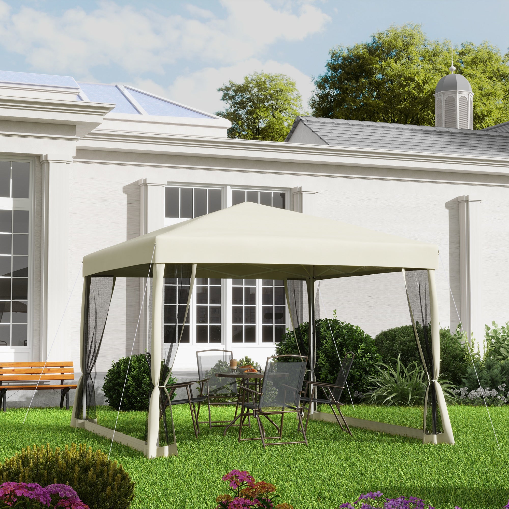 Folding Pavilion Gazebo Pop-up Canopy with Sidewalls incl. Carrying Bag, Steel+Oxford, Beige, 3x3x2.55m