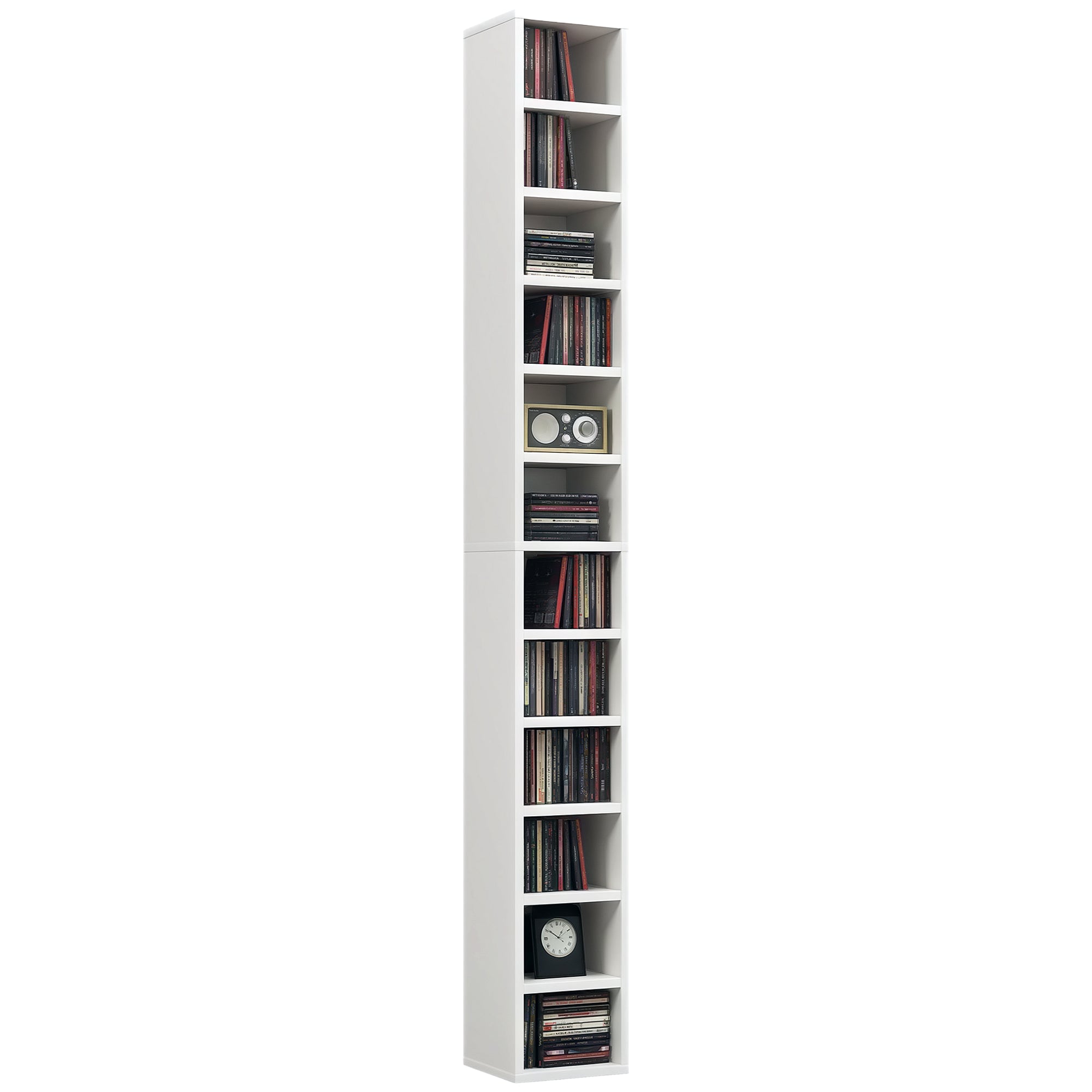 CD and DVD Storage, column shelf unit, storage unit with 12 compartments, max capacity 204 CD, 21 x 20 x 175 cm, white
