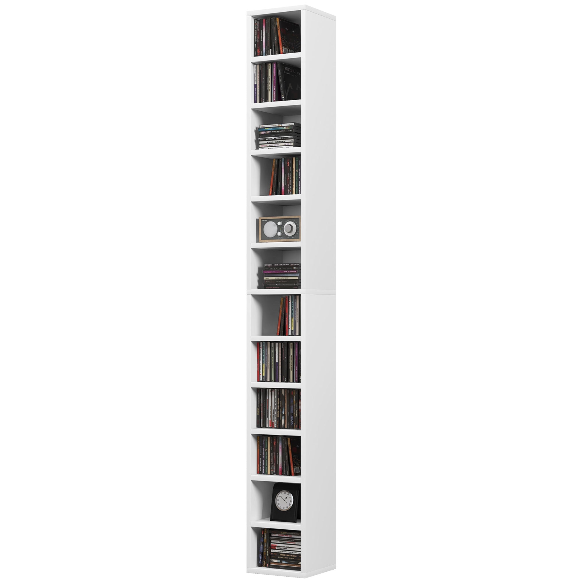 CD and DVD Storage, column shelf unit, storage unit with 12 compartments, max capacity 204 CD, 21 x 20 x 175 cm, white