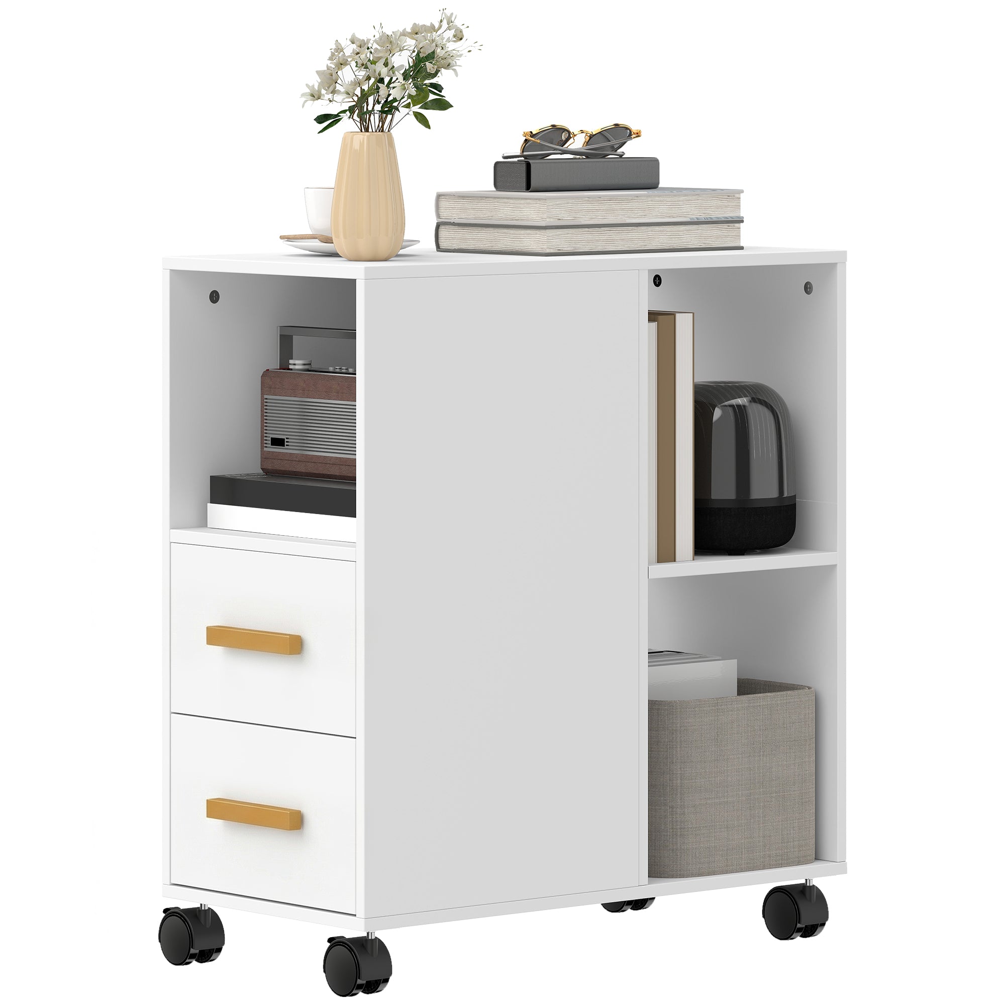 Mobile Printer Stand with Adjustable Shelf, Wheels & Desk Organizer — Printer Cart for Office, Fax, Scanner | White (23.6 x 11.8 x 25.6 in)