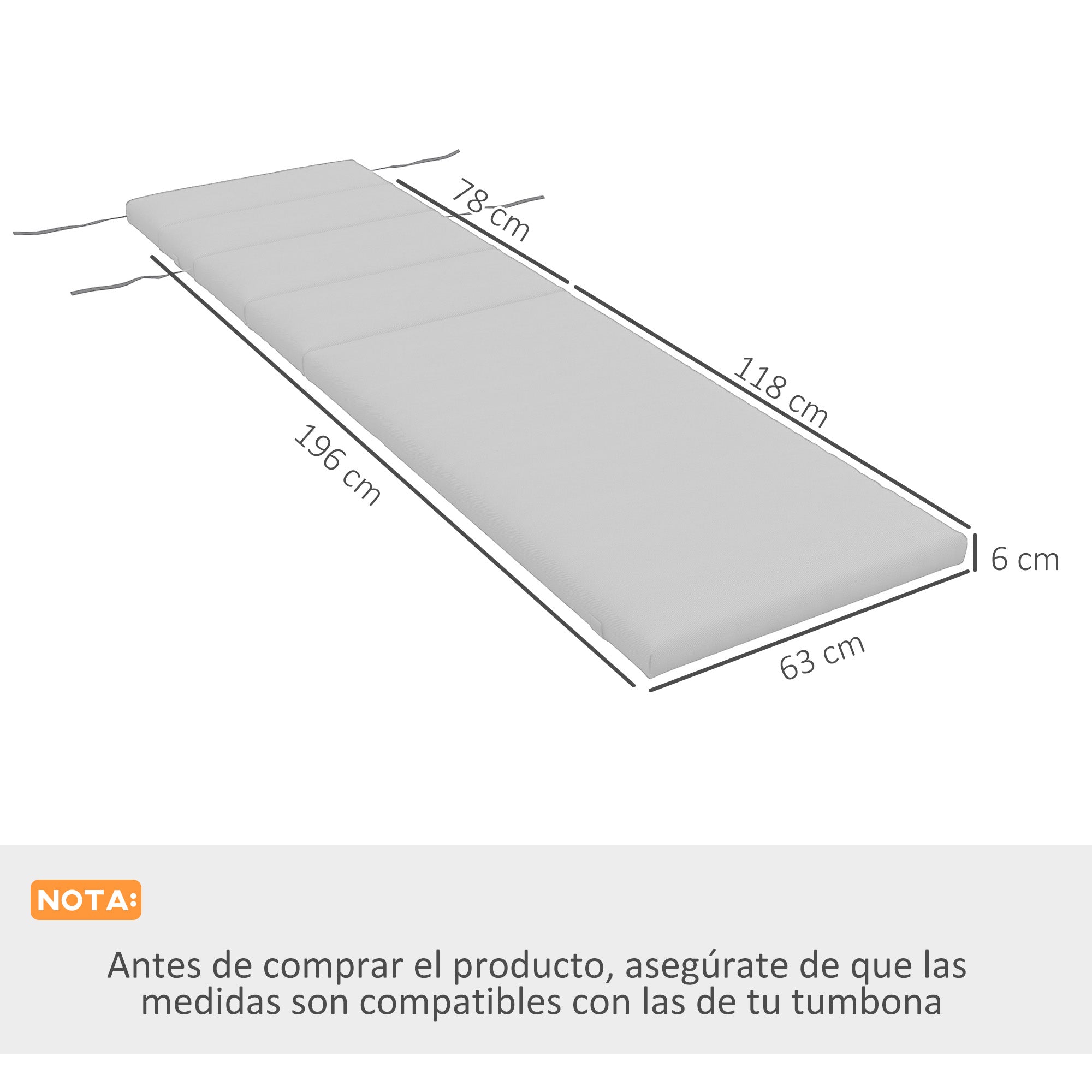 Sun Lounger Cushion 196x63x6 cm Cotton Lounger Mattress with Waterproof Fabric Seat and Back Cushion for Garden Terrace Balcony Light Gray