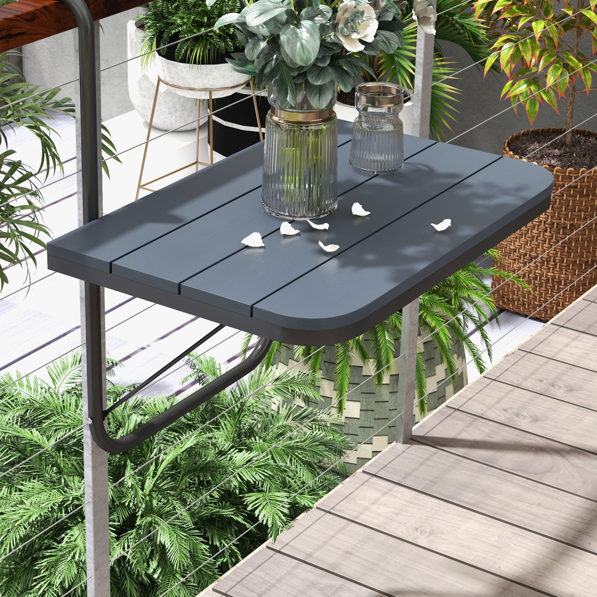 Hanging Balcony Table, Foldable Balcony Hanging Table, 4-Step Height Adjustable Folding Table, Hanging Table up to 25 kg, for Garden, Aluminum, 60 x 40 cm, Black