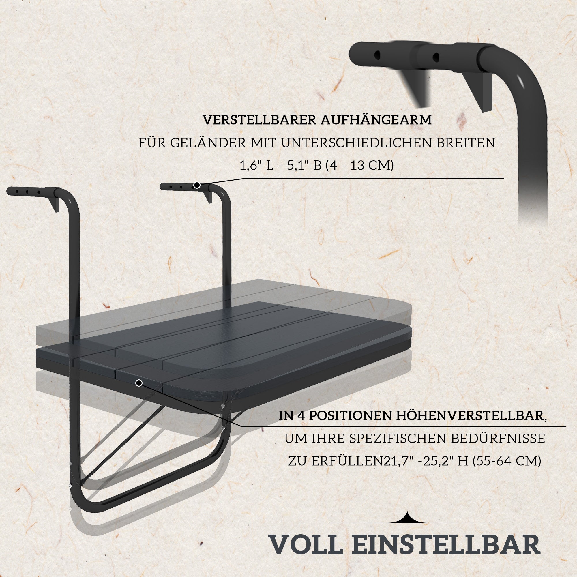 Hanging Balcony Table, Foldable Balcony Hanging Table, 4-Step Height Adjustable Folding Table, Hanging Table up to 25 kg, for Garden, Aluminum, 60 x 40 cm, Black