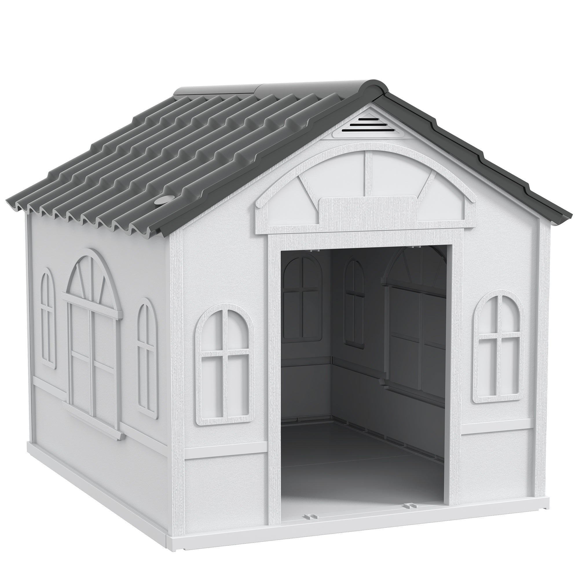 Dog House Outdoor 84.2x98.2x82 cm Dog House with Window Pattern and Imitation Tile Roof for Large Dogs Gray and White