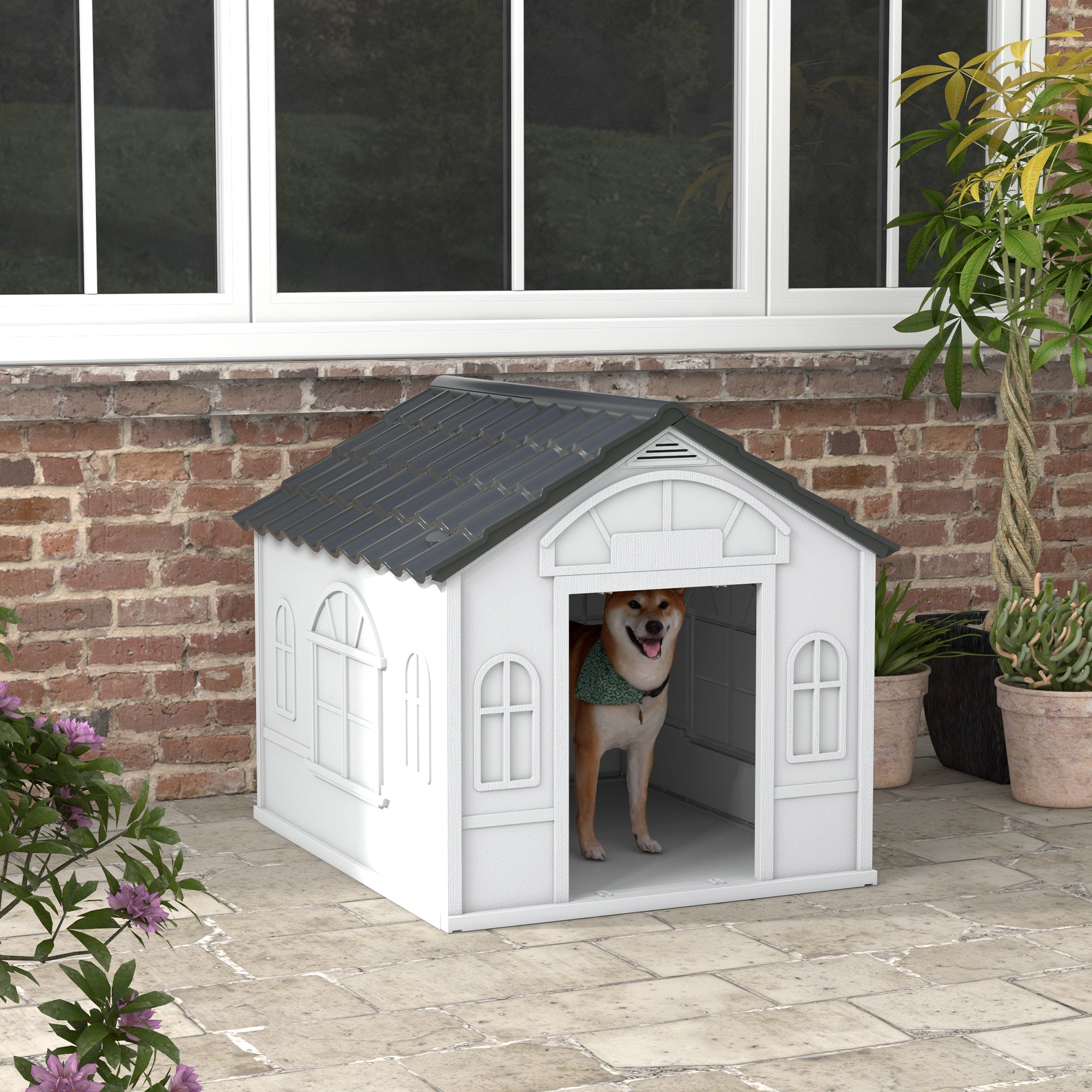 Dog House Outdoor 84.2x98.2x82 cm Dog House with Window Pattern and Imitation Tile Roof for Large Dogs Gray and White