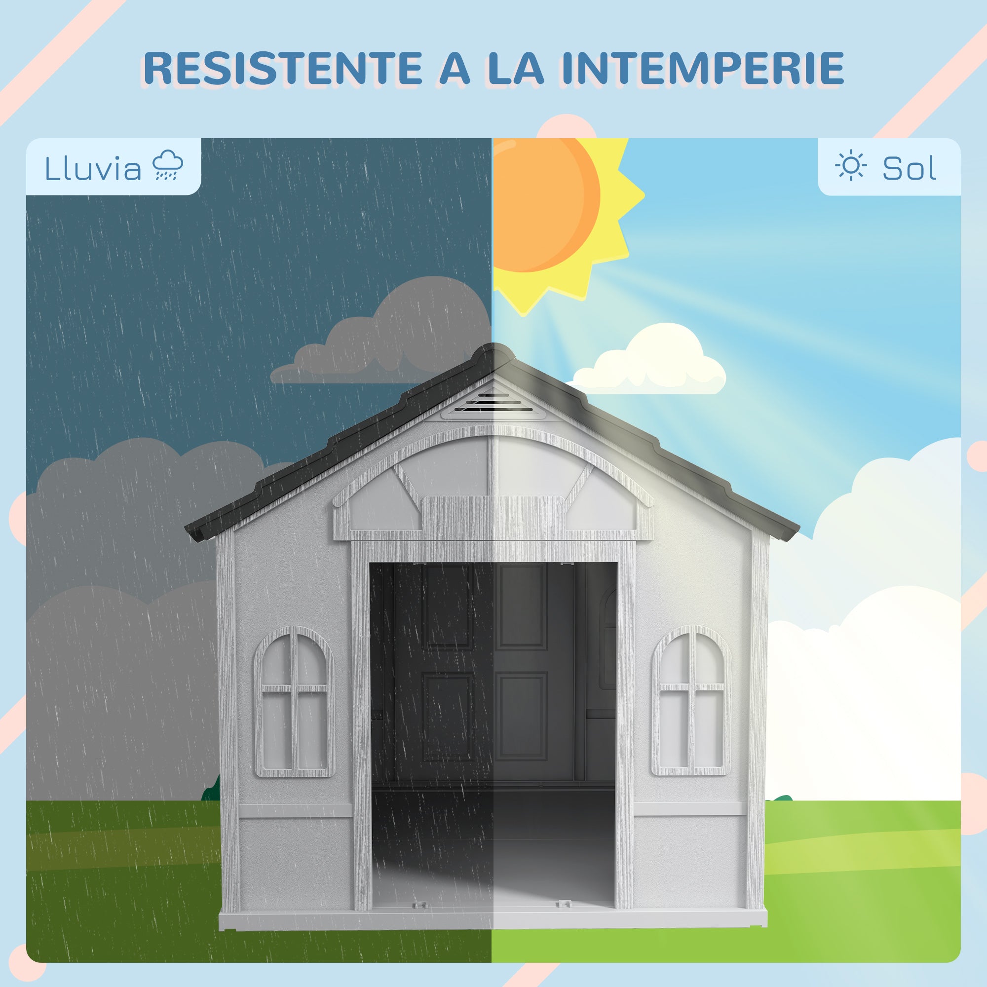 Dog House Outdoor 84.2x98.2x82 cm Dog House with Window Pattern and Imitation Tile Roof for Large Dogs Gray and White