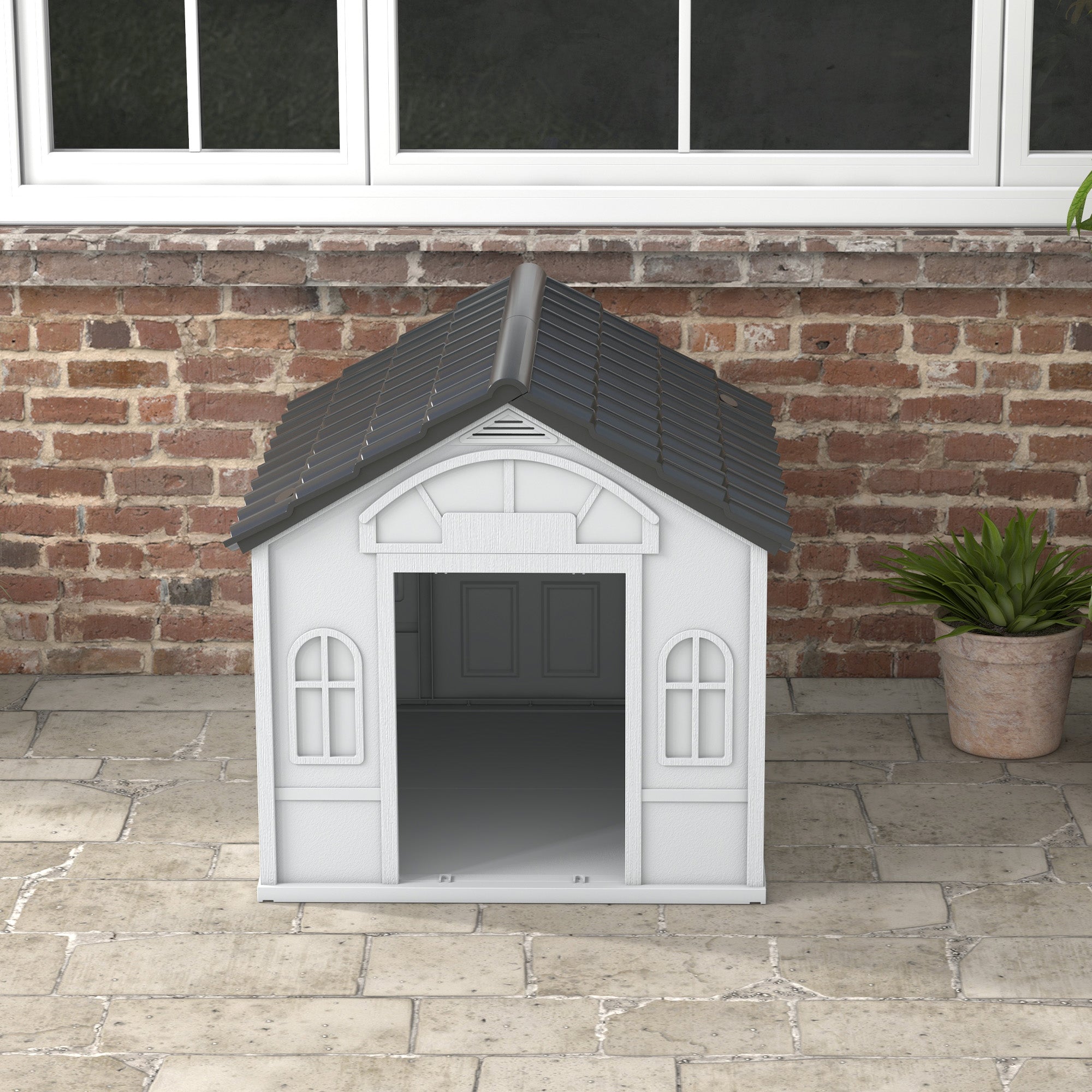 Dog House Outdoor 84.2x98.2x82 cm Dog House with Window Pattern and Imitation Tile Roof for Large Dogs Gray and White