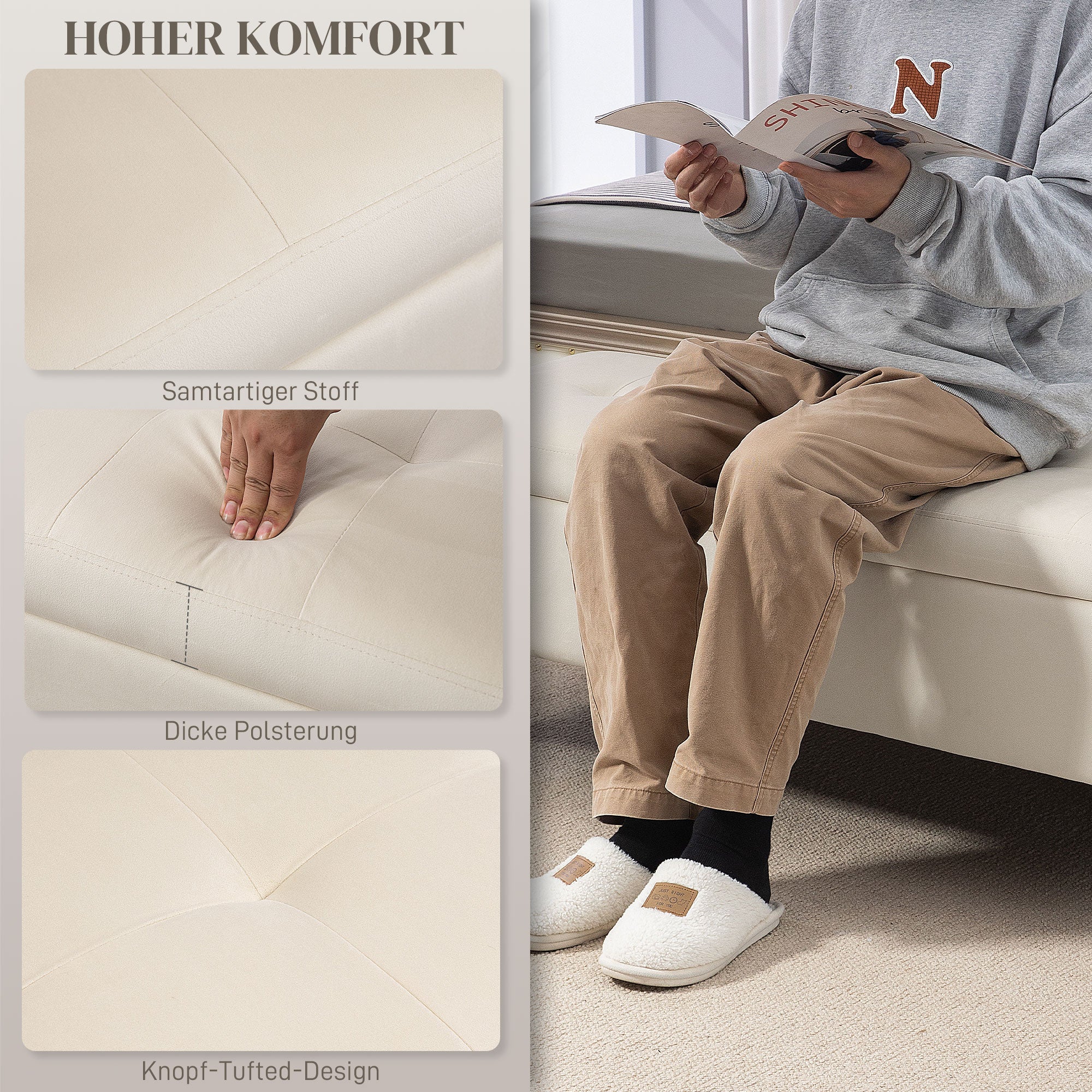 Storage Bench, Upholstered Bench with Velvet Look, Metal Legs, Bed Bench for Living Room, Bedroom, Hallway, 120 x 44 x 44.5 cm, Beige