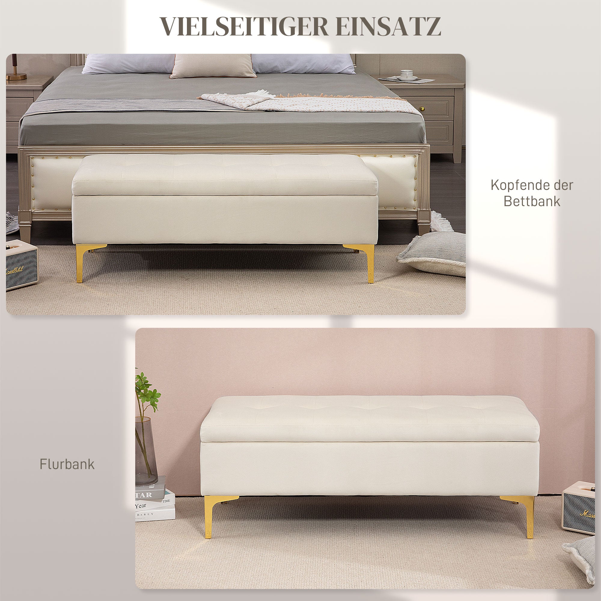 Storage Bench, Upholstered Bench with Velvet Look, Metal Legs, Bed Bench for Living Room, Bedroom, Hallway, 120 x 44 x 44.5 cm, Beige