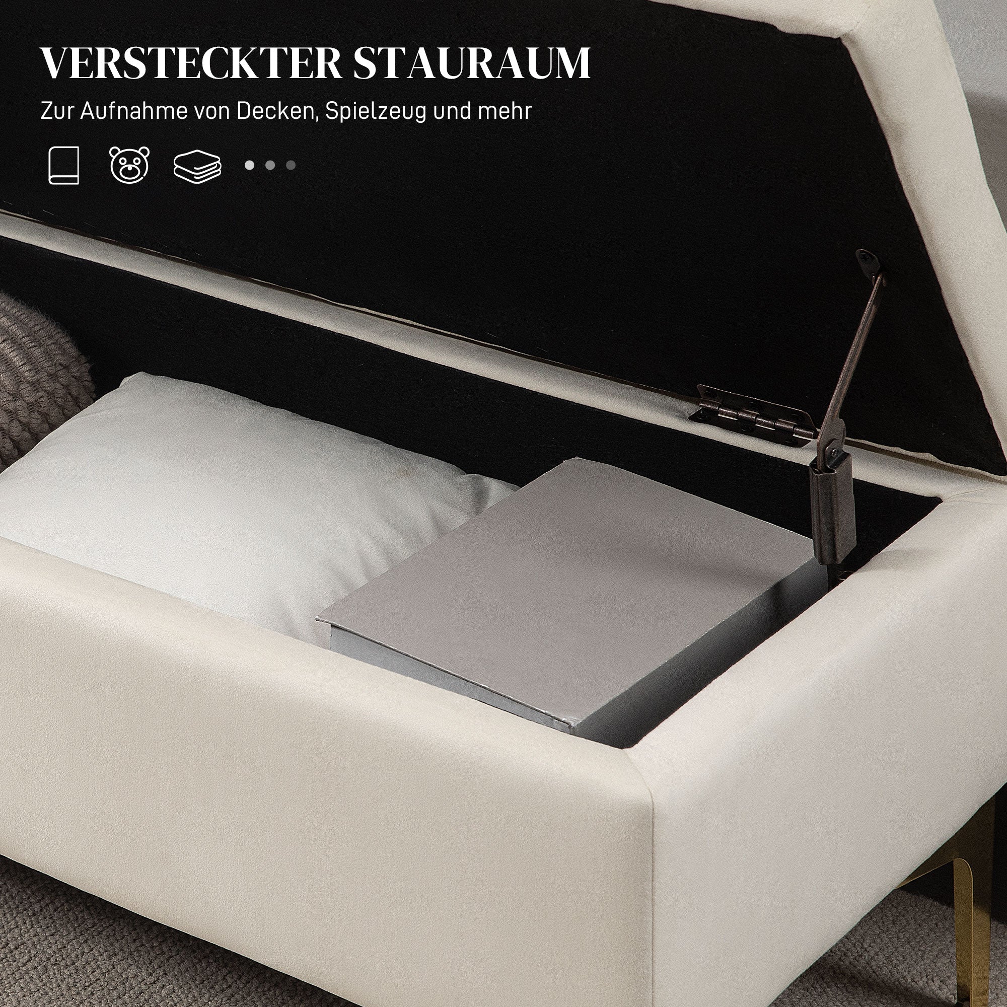 Storage Bench, Upholstered Bench with Velvet Look, Metal Legs, Bed Bench for Living Room, Bedroom, Hallway, 120 x 44 x 44.5 cm, Beige