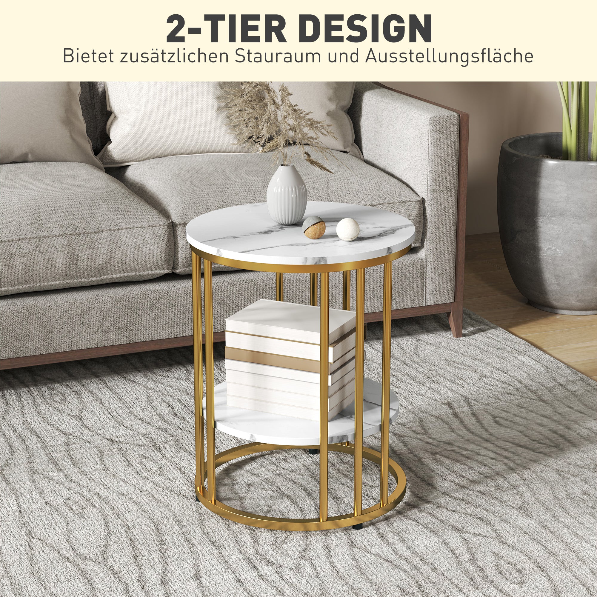 Round Coffee Table 2-Piece Set Side Table with Shelf, Steel Frame, Living Room Table in Marble Effect Coffee Table for Living Room Bedroom White