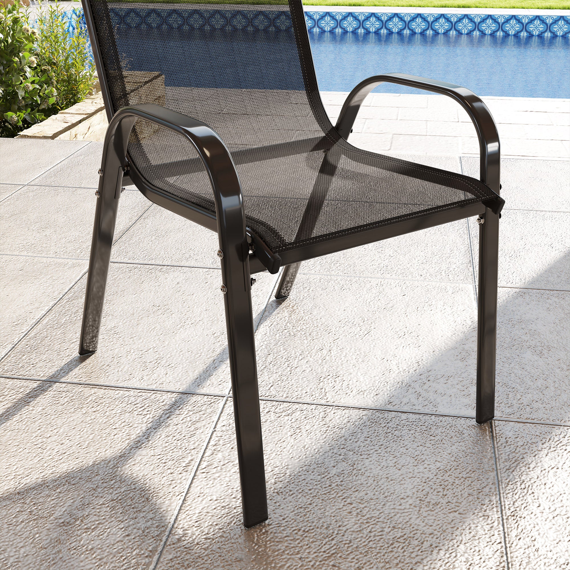 Set of 2 Stackable Outdoor Dining Chairs — Breathable Mesh, High Reclined Back, Powder-Coated Steel Frame, Black