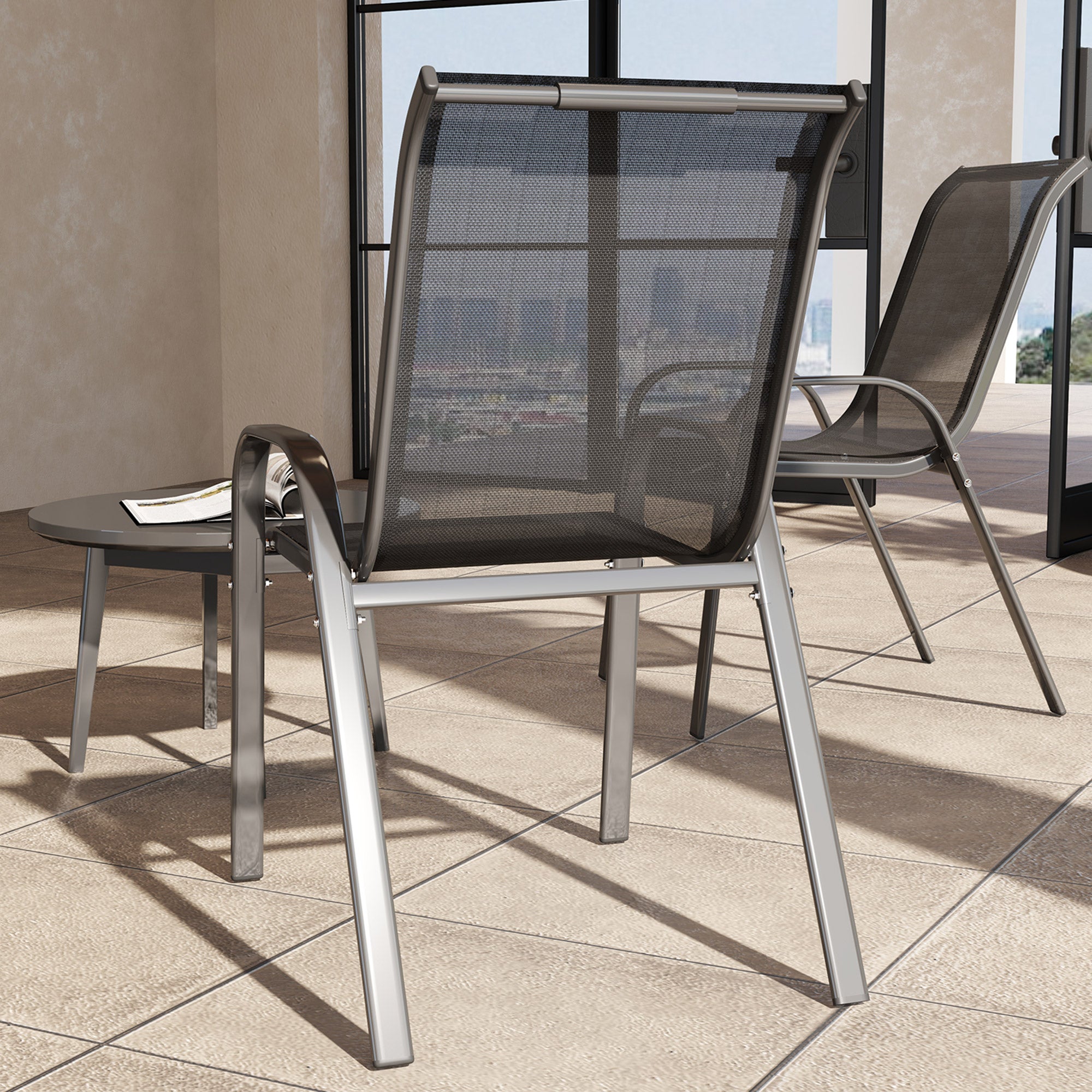 Set of 2 Stackable Outdoor Dining Chairs — Breathable Mesh, High Reclined Back, Powder-Coated Steel Frame, Black