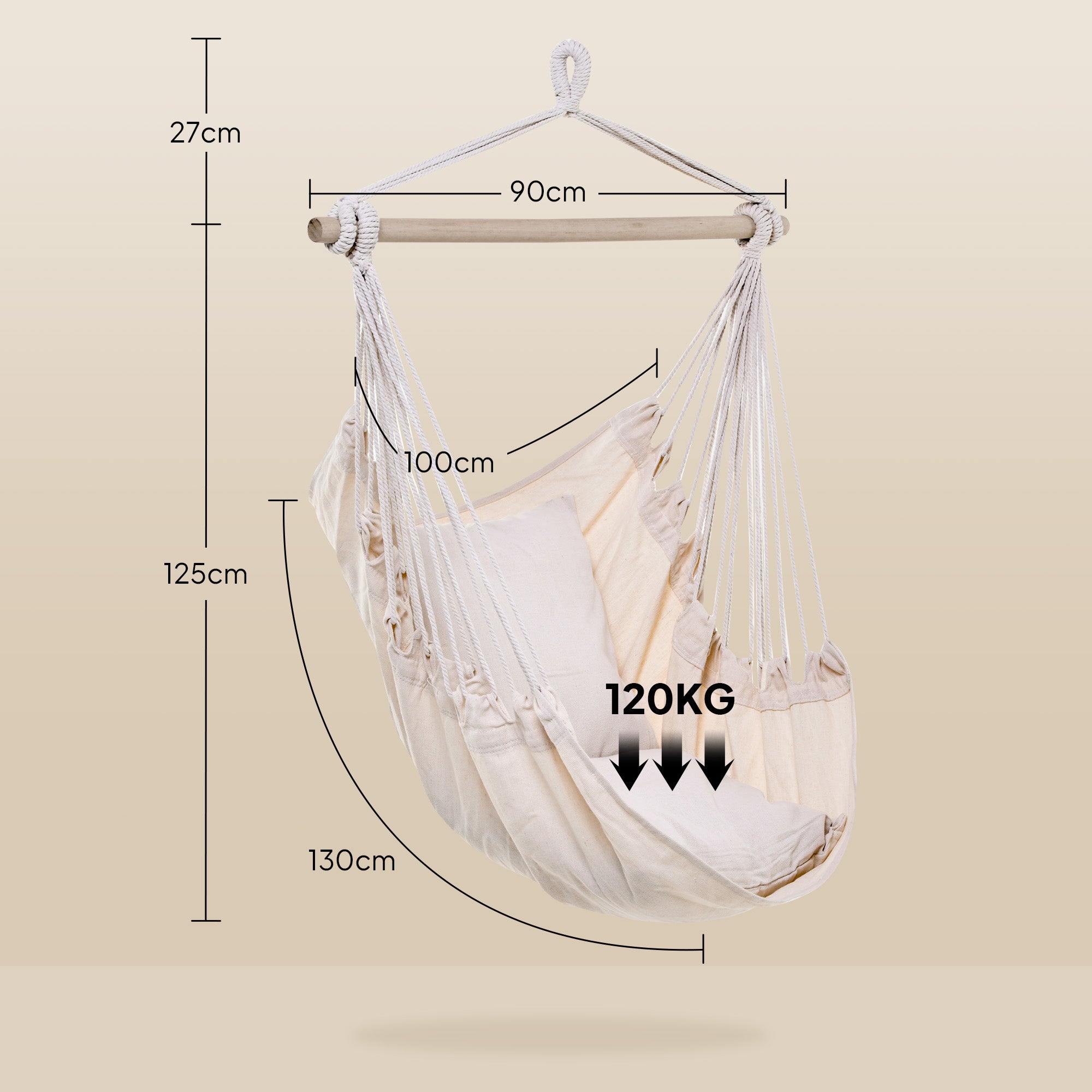 Outdoor Hanging Hammock Chair Swing with 2 Cushions, Cotton-Blend Fabric — Cream