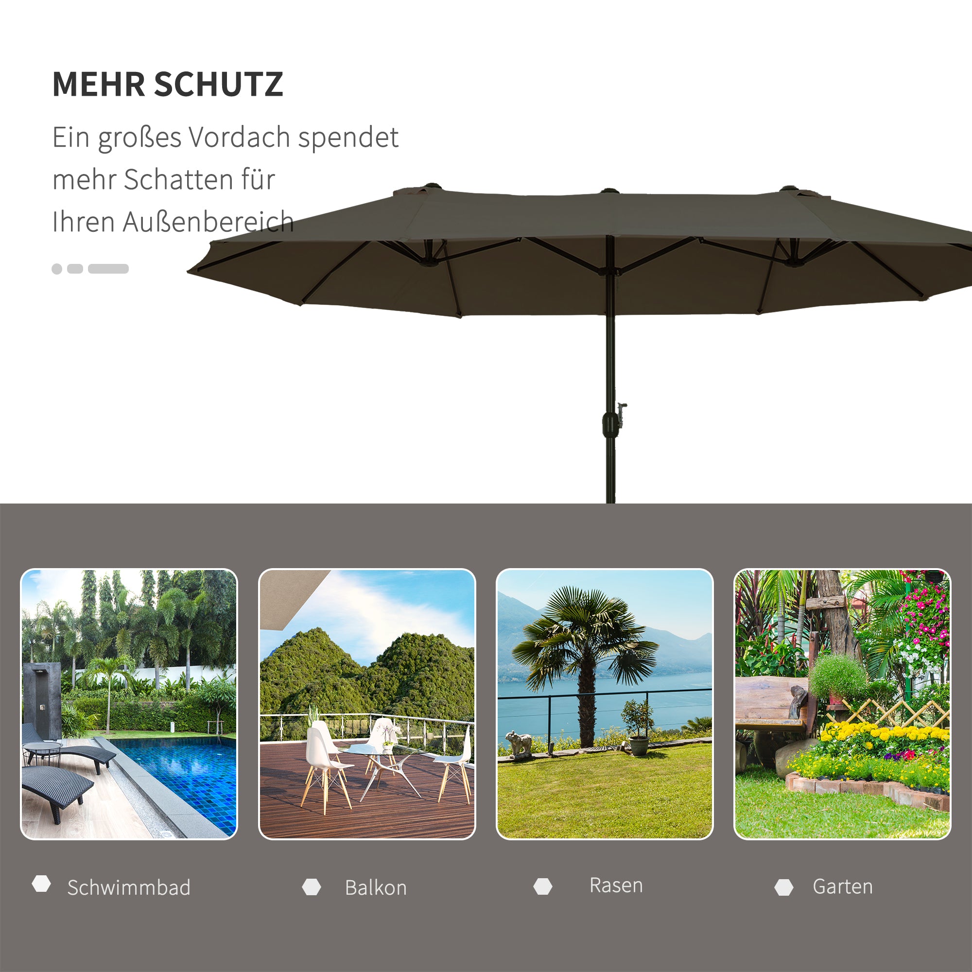 Double Sun Umbrella 455 x 265 cm, UV Protection Sunshade with Hand Crank, Balcony Umbrella Beach Umbrella Windproof Crank Umbrella Sun Protection for Beach Balcony Garden, Gray