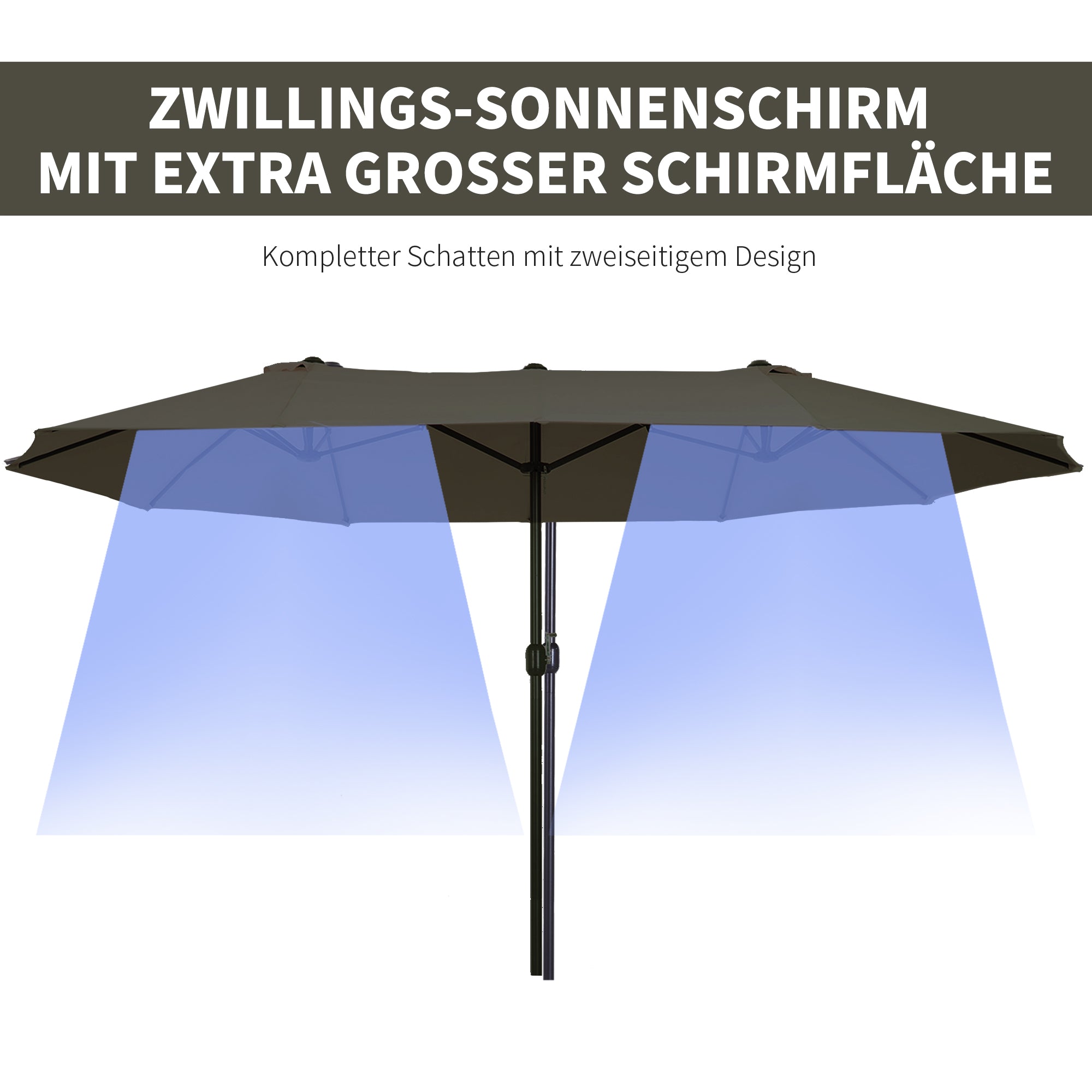 Double Sun Umbrella 455 x 265 cm, UV Protection Sunshade with Hand Crank, Balcony Umbrella Beach Umbrella Windproof Crank Umbrella Sun Protection for Beach Balcony Garden, Gray