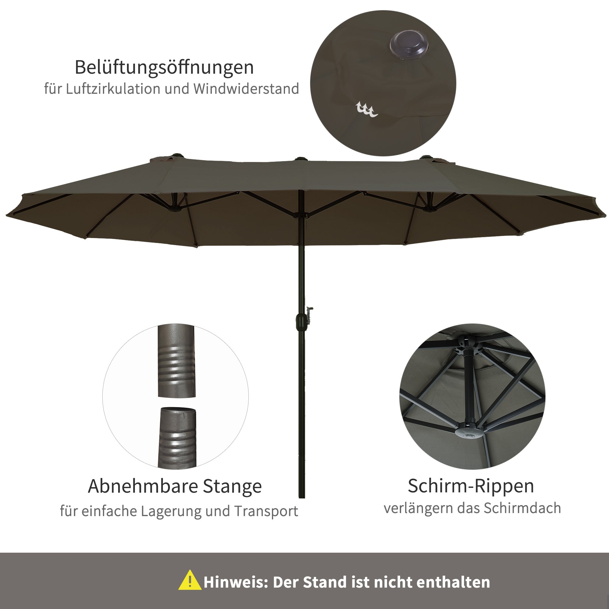 Double Sun Umbrella 455 x 265 cm, UV Protection Sunshade with Hand Crank, Balcony Umbrella Beach Umbrella Windproof Crank Umbrella Sun Protection for Beach Balcony Garden, Gray