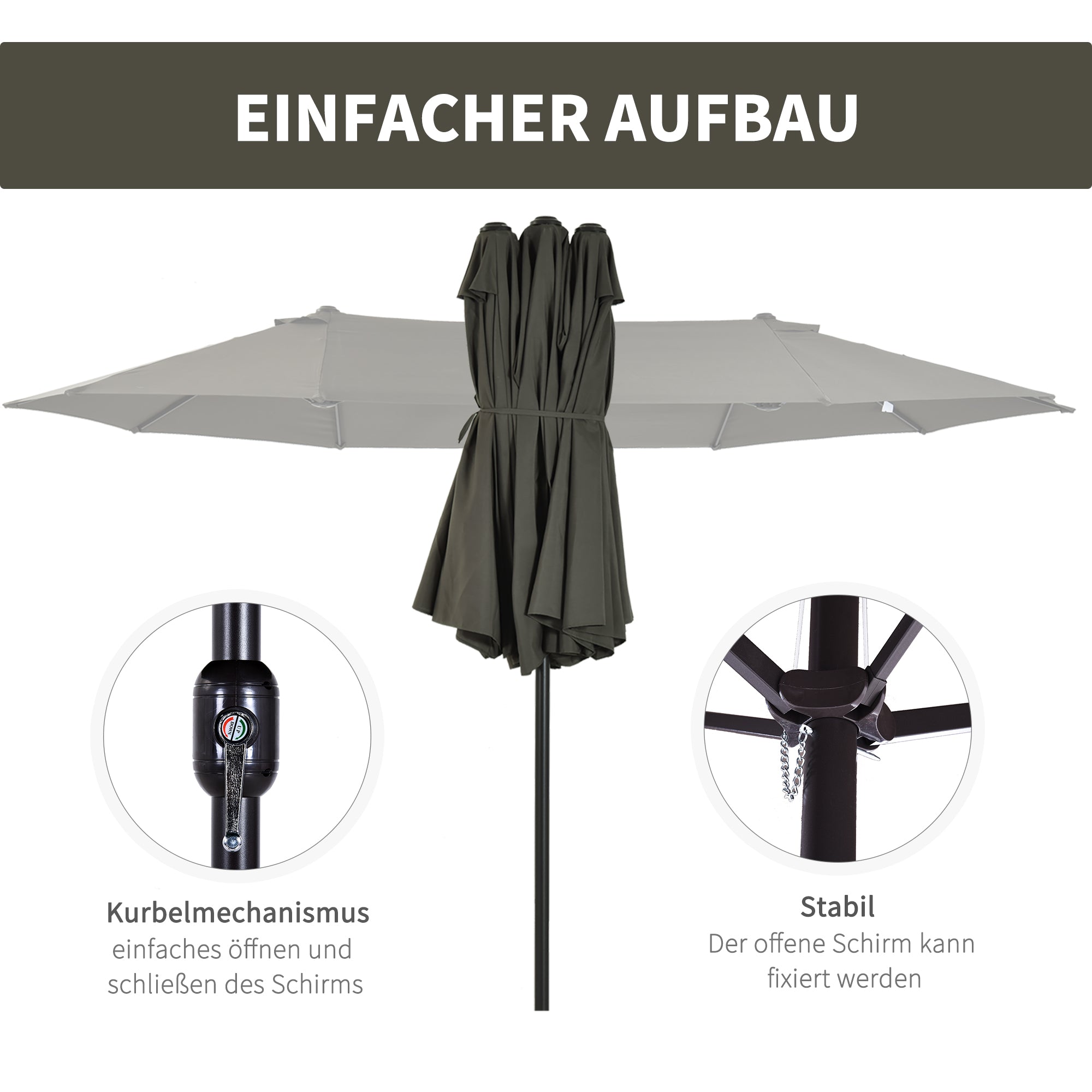 Double Sun Umbrella 455 x 265 cm, UV Protection Sunshade with Hand Crank, Balcony Umbrella Beach Umbrella Windproof Crank Umbrella Sun Protection for Beach Balcony Garden, Gray