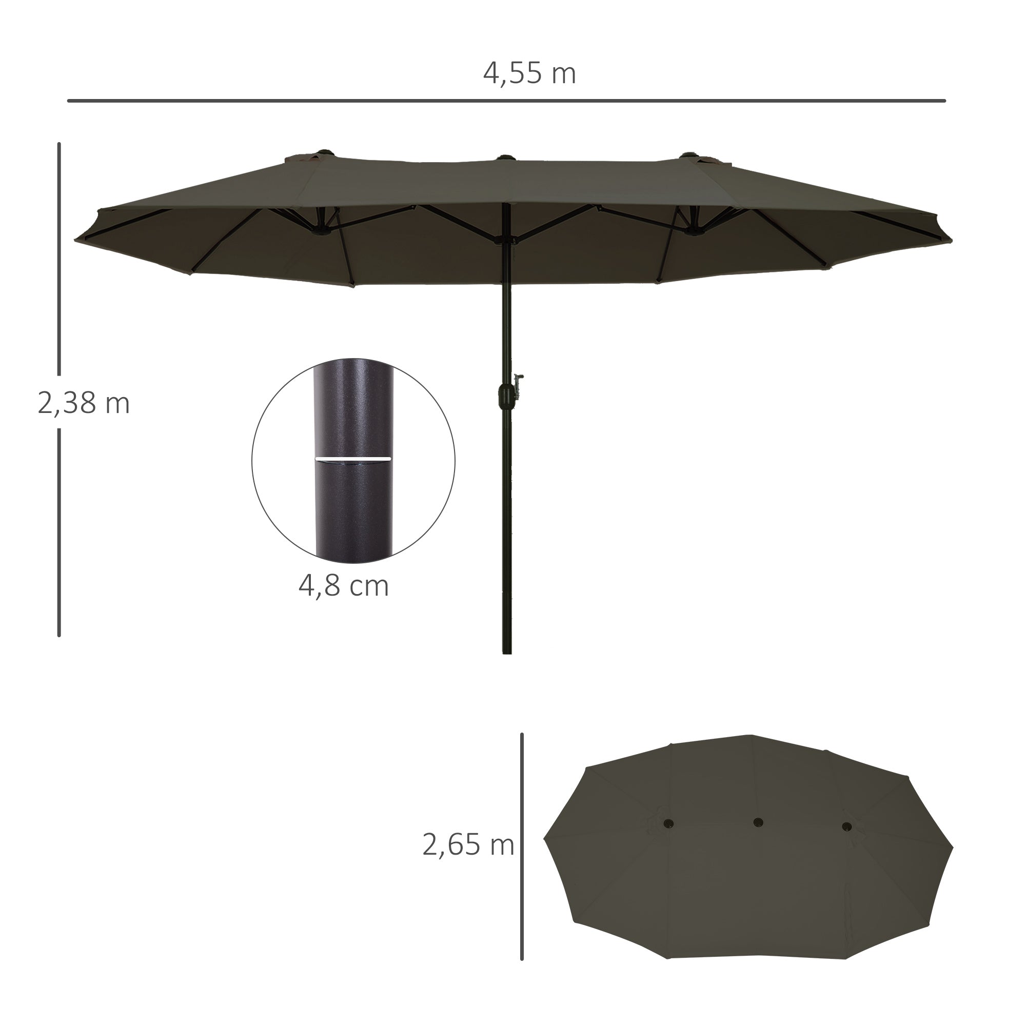 Double Sun Umbrella 455 x 265 cm, UV Protection Sunshade with Hand Crank, Balcony Umbrella Beach Umbrella Windproof Crank Umbrella Sun Protection for Beach Balcony Garden, Gray
