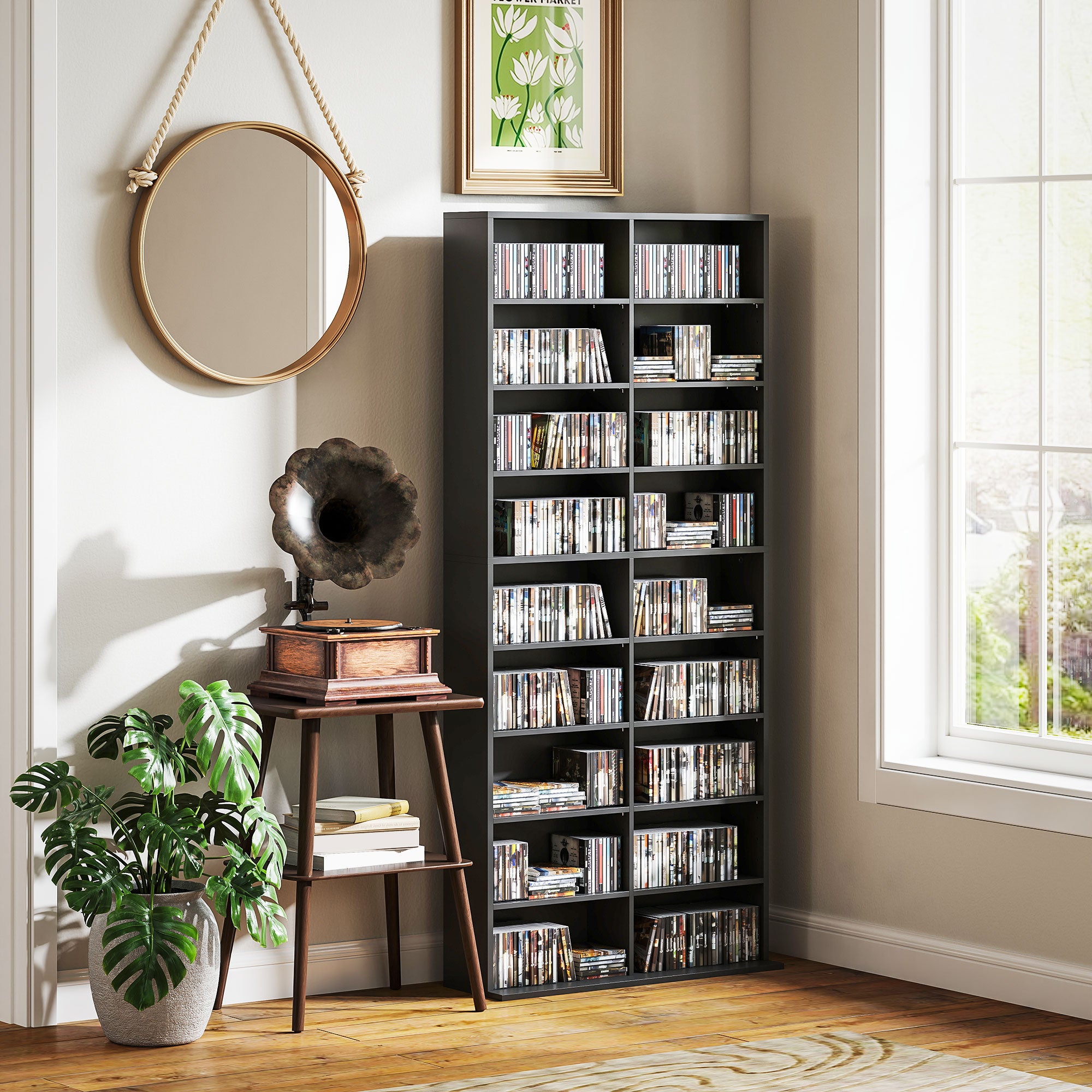 CD, DVD & Blu‑ray Media Storage Tower — Holds up to 640 CDs / 360 DVDs / 430 Blu‑rays, Adjustable Shelves, Black (30.9 x 9.4 x 68.9 in)