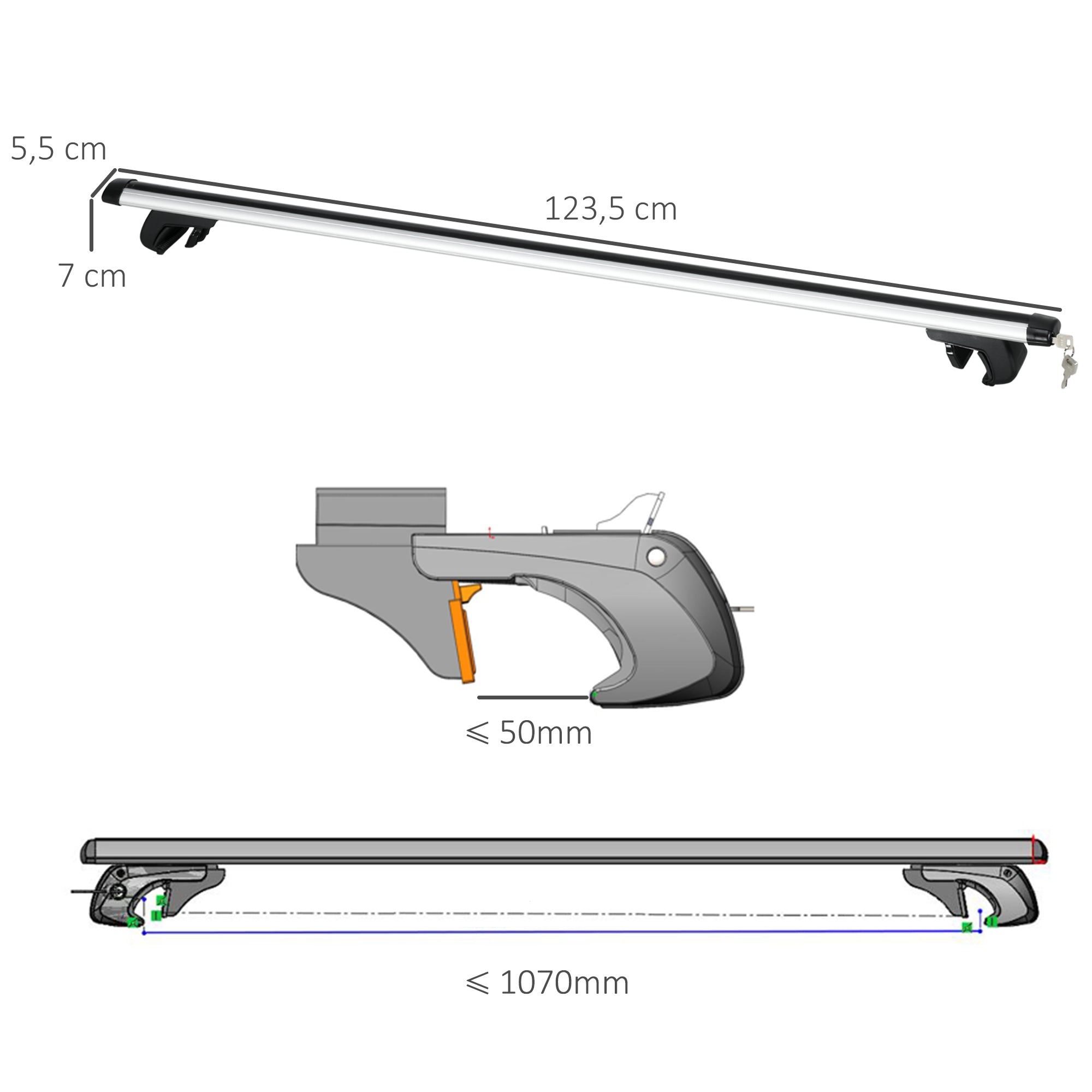 Universal Roof Bars for Vehicles Aluminum Roof Racks Car Automobile Universal Roof Rack with Lock 75 kg Load Capacity 123.5 cm Silver