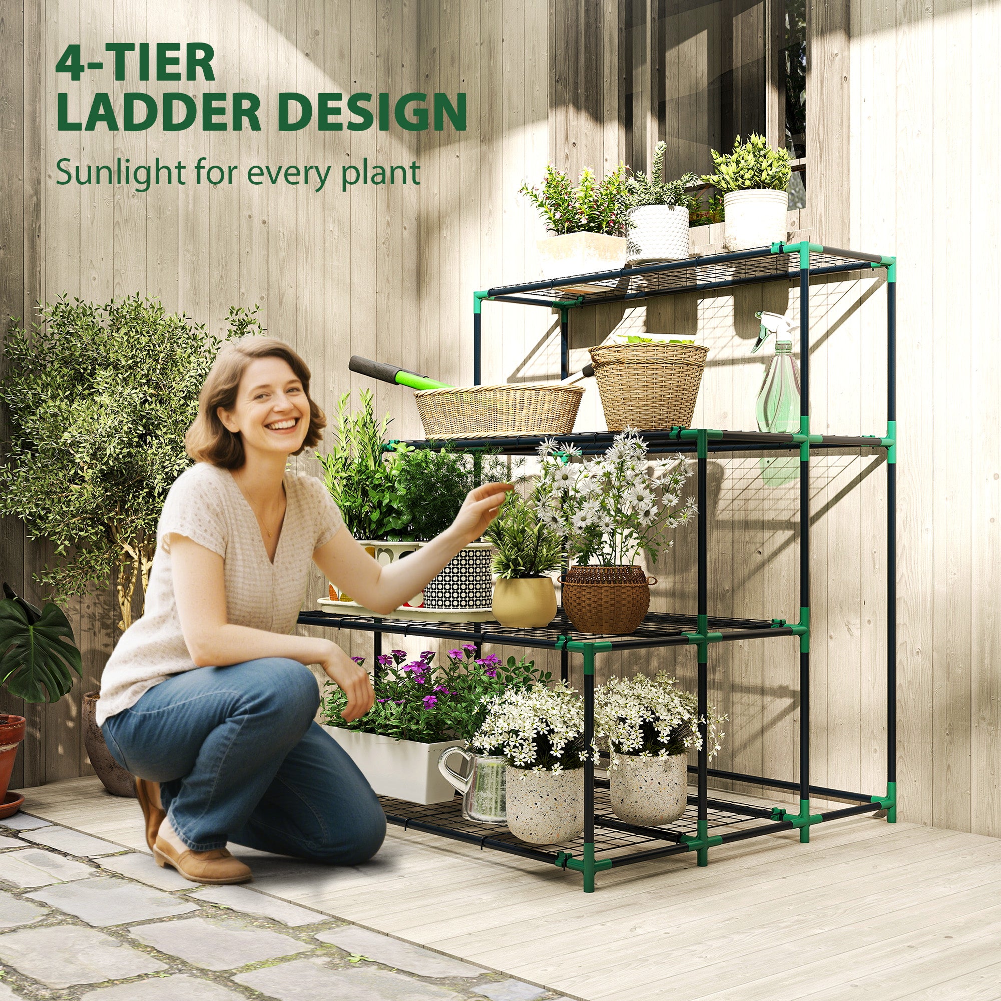 4-Tier Plant Stand, 43.3 in Tall Flower Rack with 24 Clips, Steel Multi-Level Plant Shelf for Garden & Balcony, Dark Green