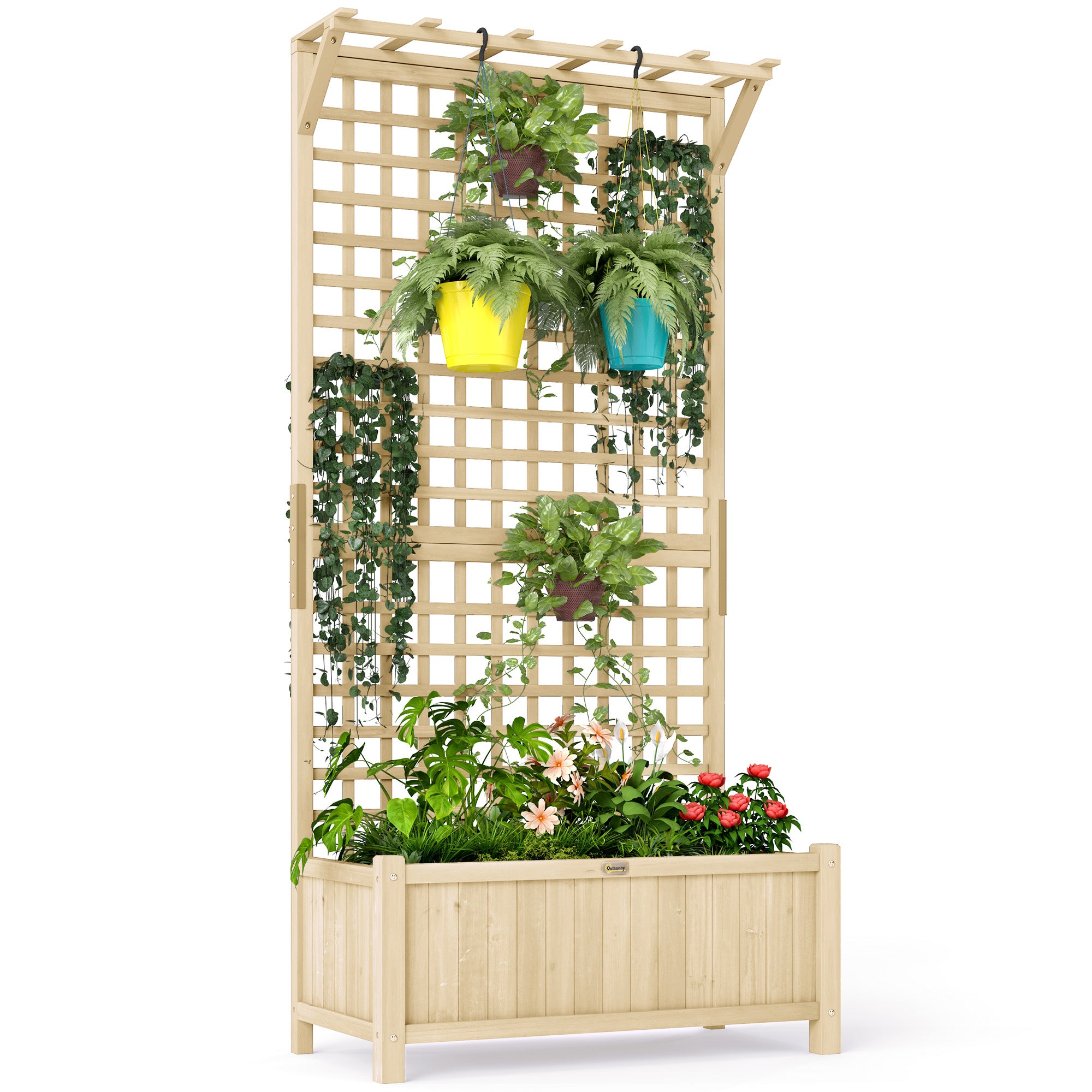 Raised Planter Box with Trellis & Roof, Wooden Garden Planter for Climbing Plants, 90 x 45 x 183 cm (35.4" x 17.7" x 72.0")