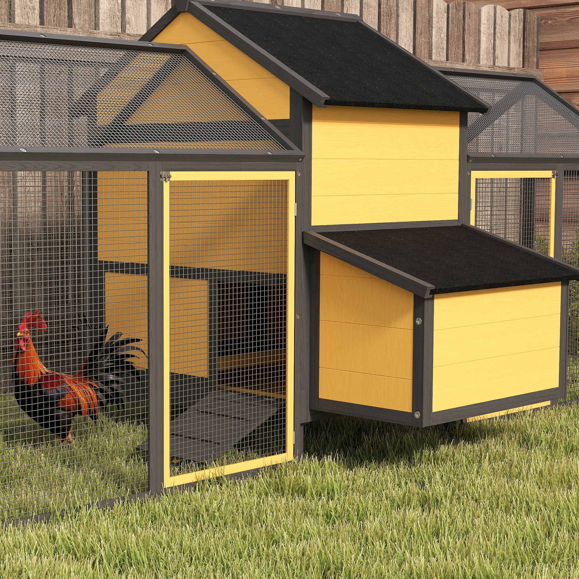 Wooden Chicken Coop, Poultry Coop with Nest Box, Double Run Coop with Tray, Enclosure with Ramp, Chicken House for Chickens, 247 x 125 x 113.5 cm, Yellow