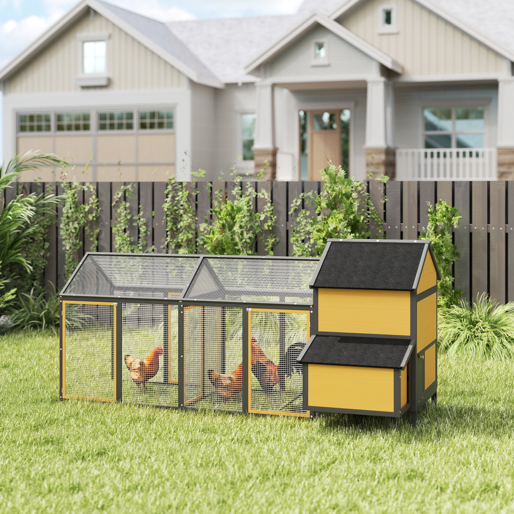 Wooden Chicken Coop, Poultry Coop with Nest Box, Double Run Coop with Tray, Enclosure with Ramp, Chicken House for Chickens, 247 x 125 x 113.5 cm, Yellow