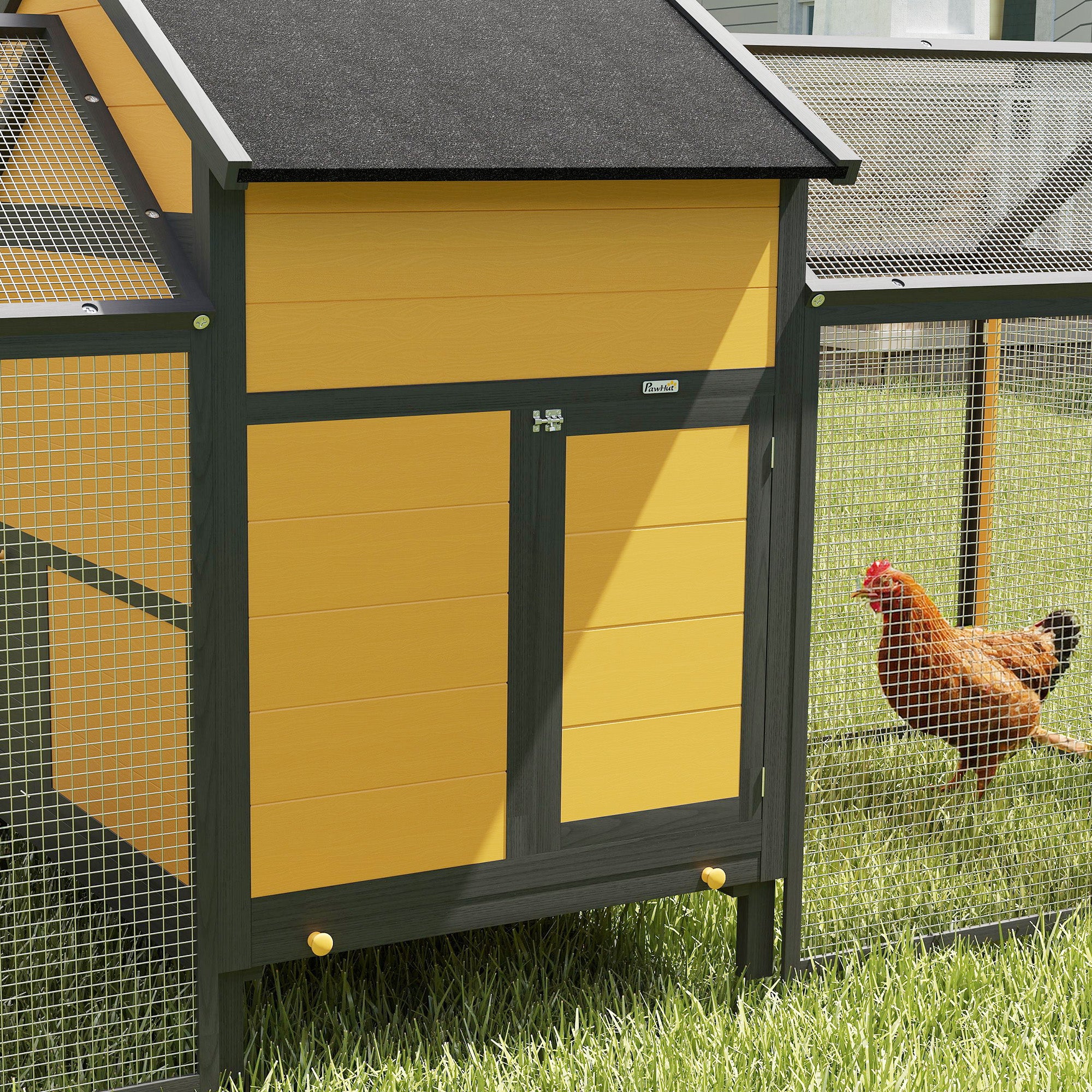 Wooden Chicken Coop, Poultry Coop with Nest Box, Double Run Coop with Tray, Enclosure with Ramp, Chicken House for Chickens, 247 x 125 x 113.5 cm, Yellow