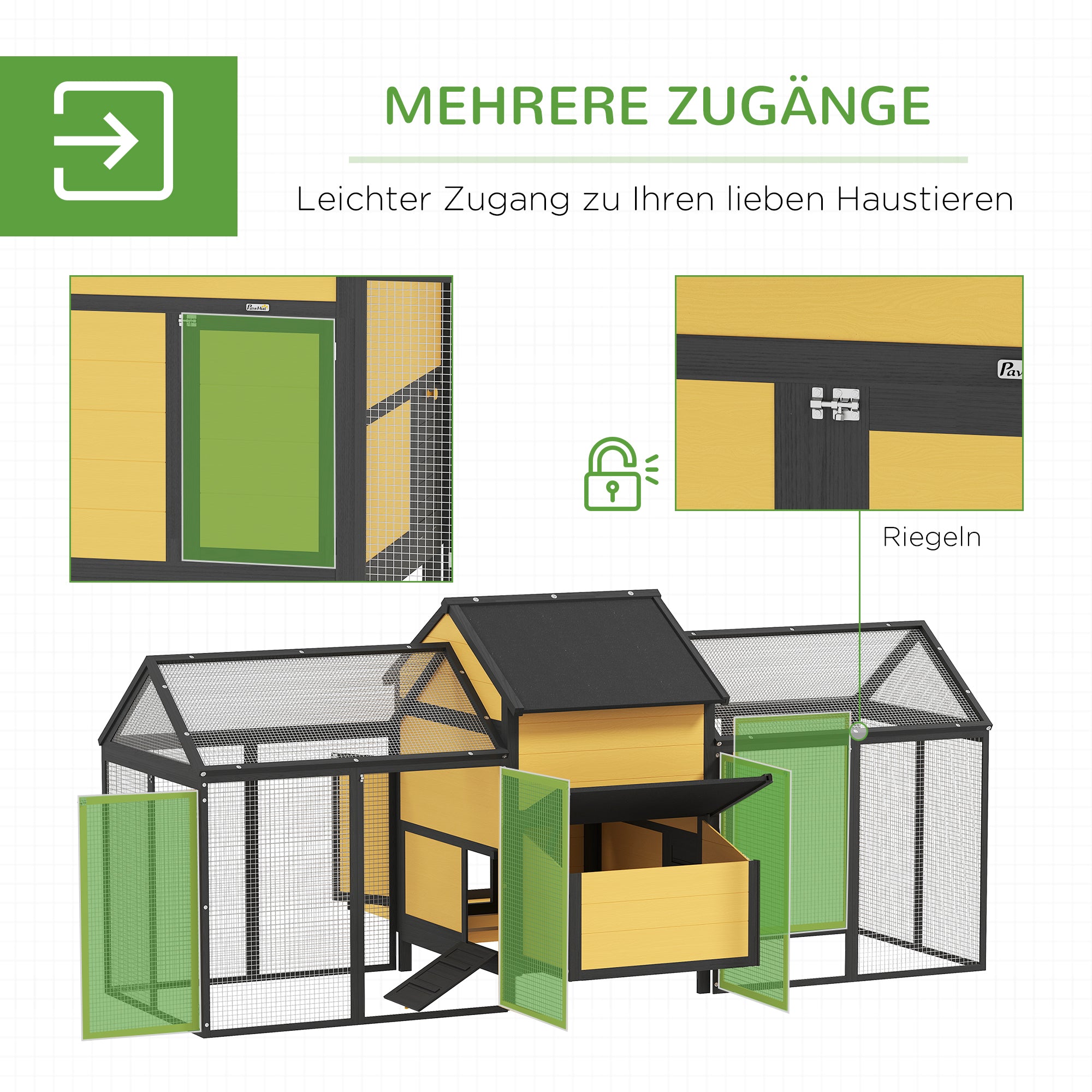Wooden Chicken Coop, Poultry Coop with Nest Box, Double Run Coop with Tray, Enclosure with Ramp, Chicken House for Chickens, 247 x 125 x 113.5 cm, Yellow