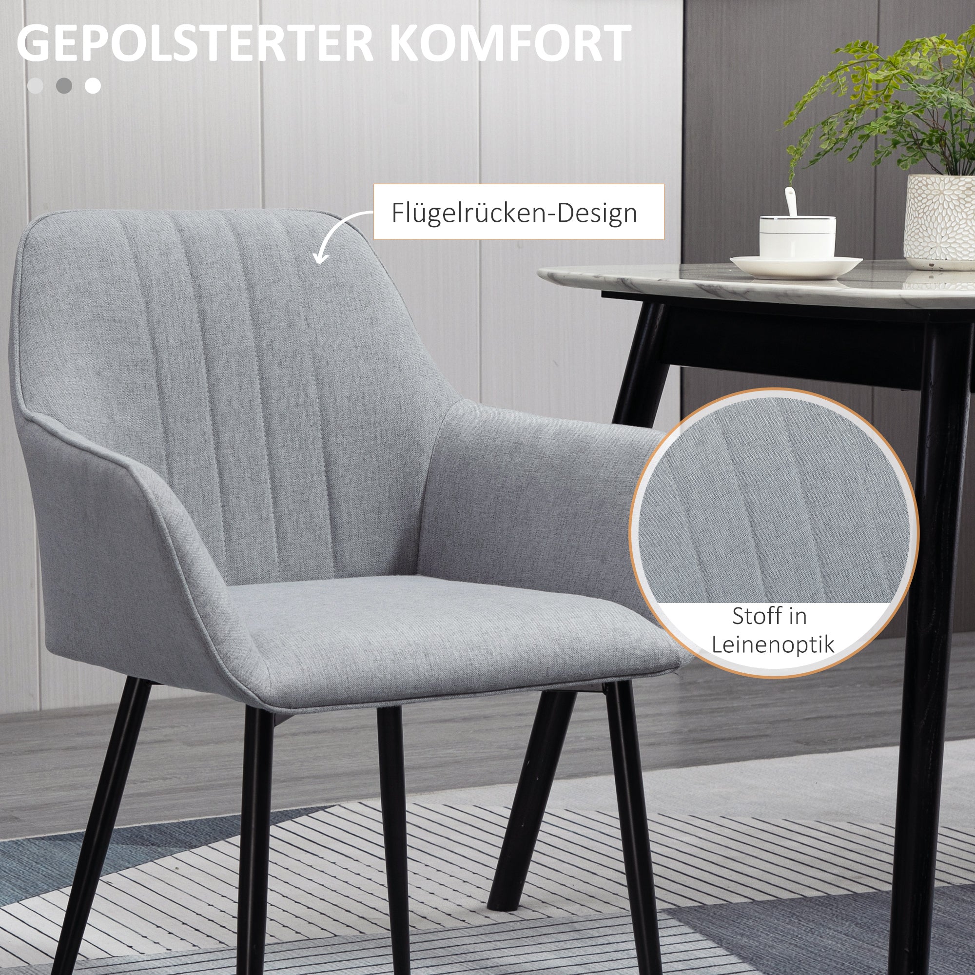 Set of 2 Dining Chairs Upholstered Chairs with Breathable Linen Cover Living Room Chair Armchair Kitchen Chair with Backrest Armrest Linen Light Grey 59.5 x 56.5 x 81 cm