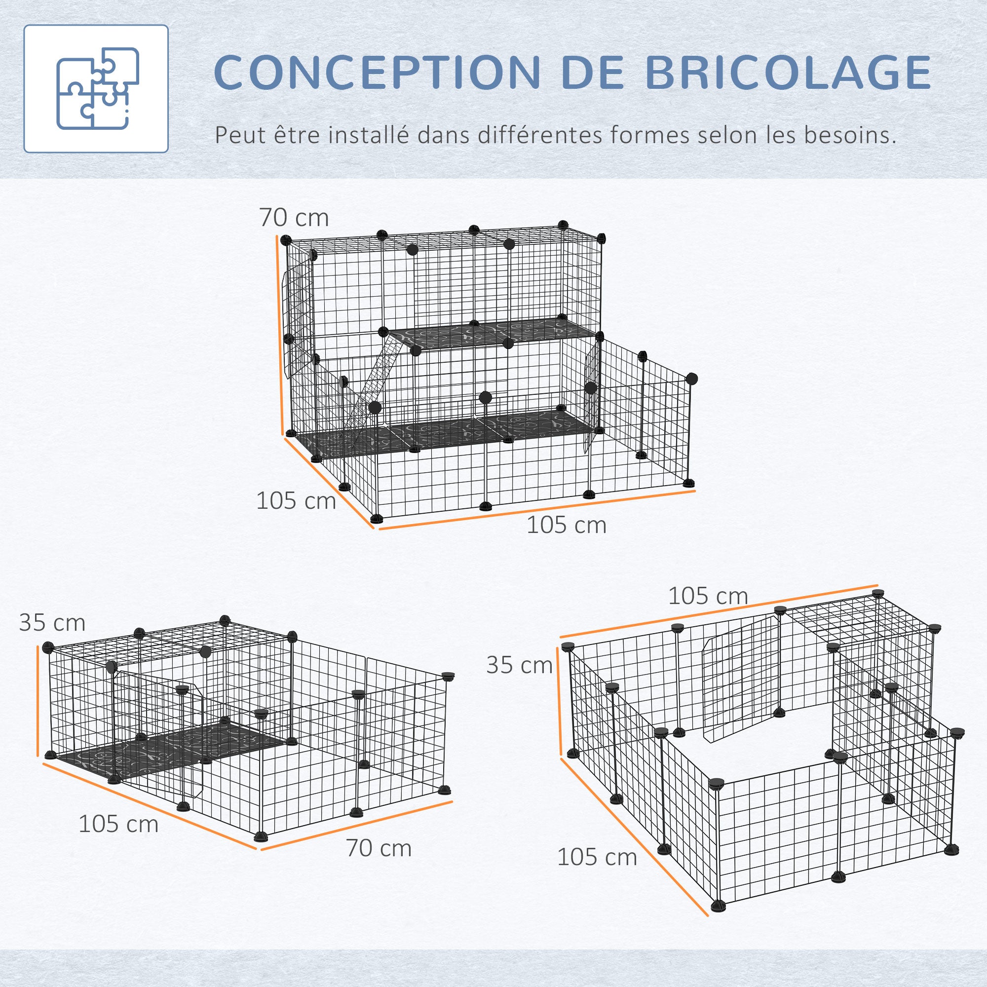 Modular rodent enclosure cage dim. L 111 x W 75 x H 119 cm 3 levels 4 doors black wire mesh