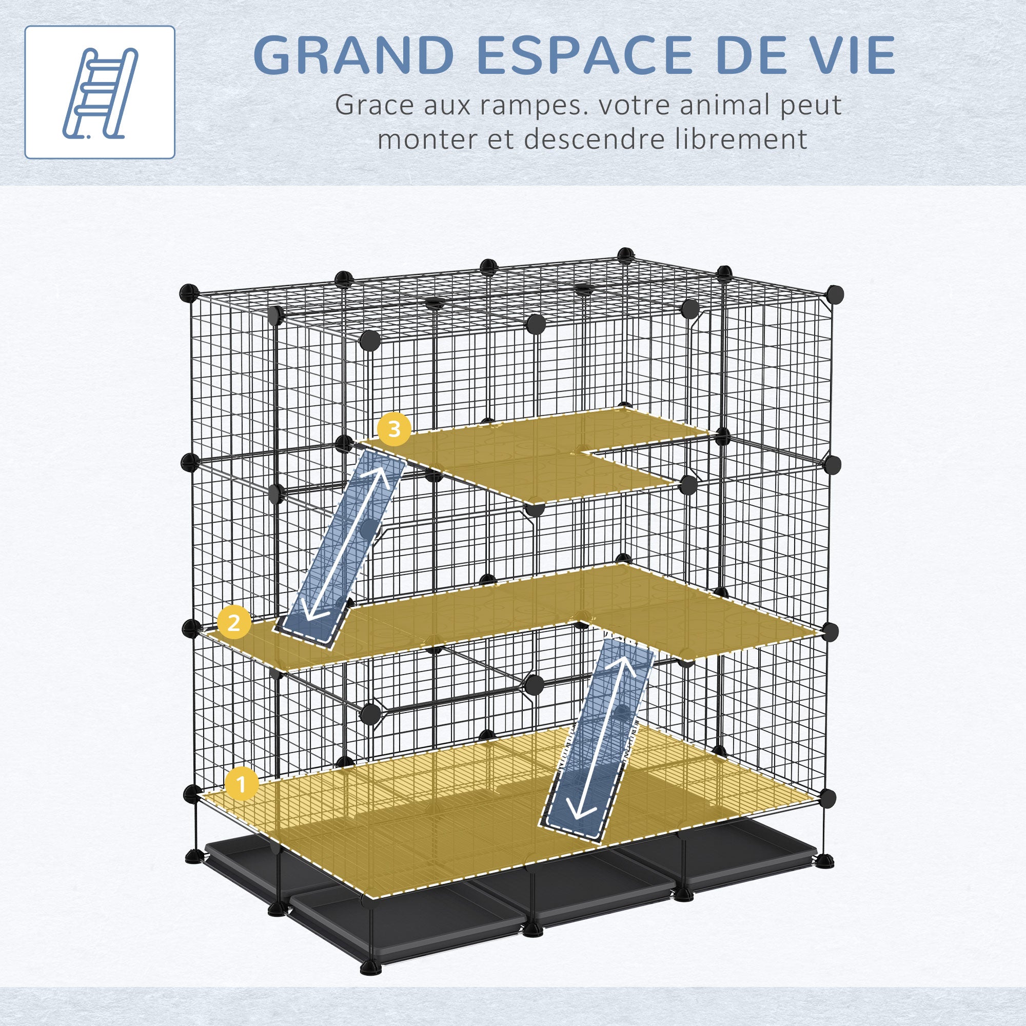 Modular rodent enclosure cage dim. L 111 x W 75 x H 119 cm 3 levels 4 doors black wire mesh