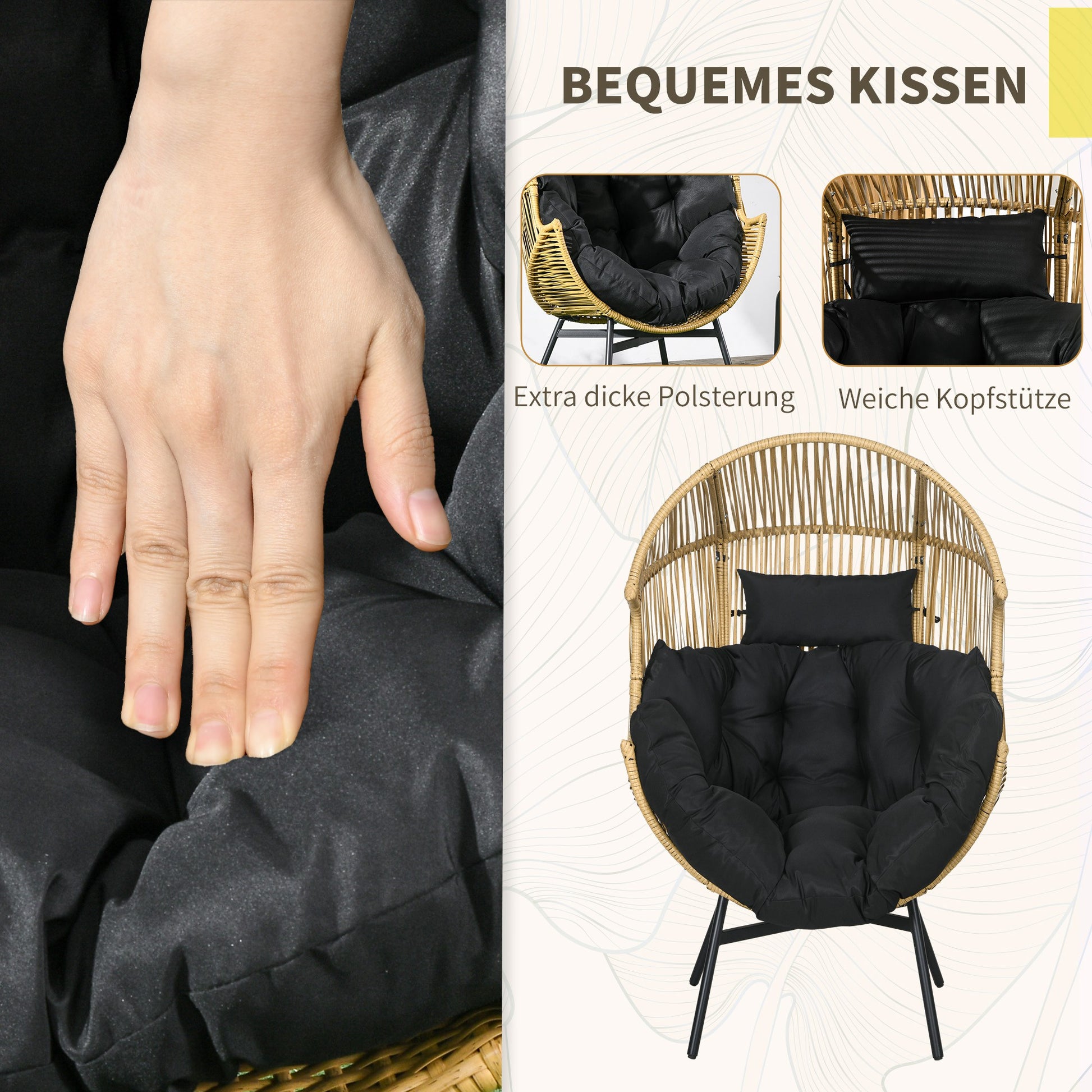 Rattan Chair, Rattan Wicker Chair with Thick Seat Cushion, Egg-shaped Garden Chair, 120 kg Load Capacity, for Patio, Garden, Sand