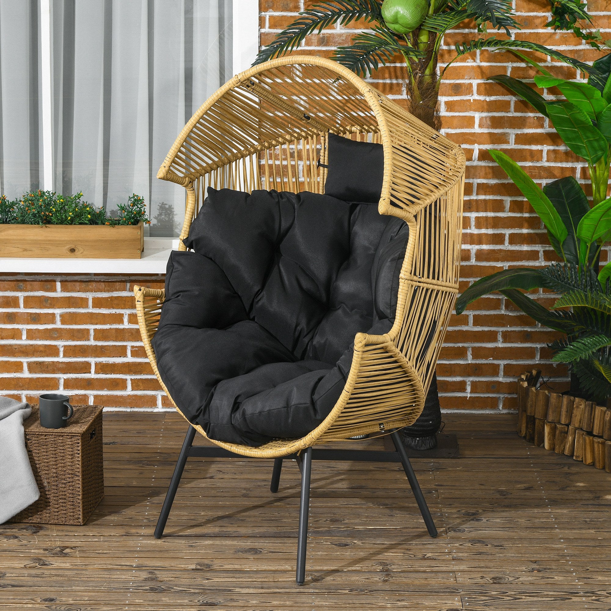 Rattan Chair, Rattan Wicker Chair with Thick Seat Cushion, Egg-shaped Garden Chair, 120 kg Load Capacity, for Patio, Garden, Sand