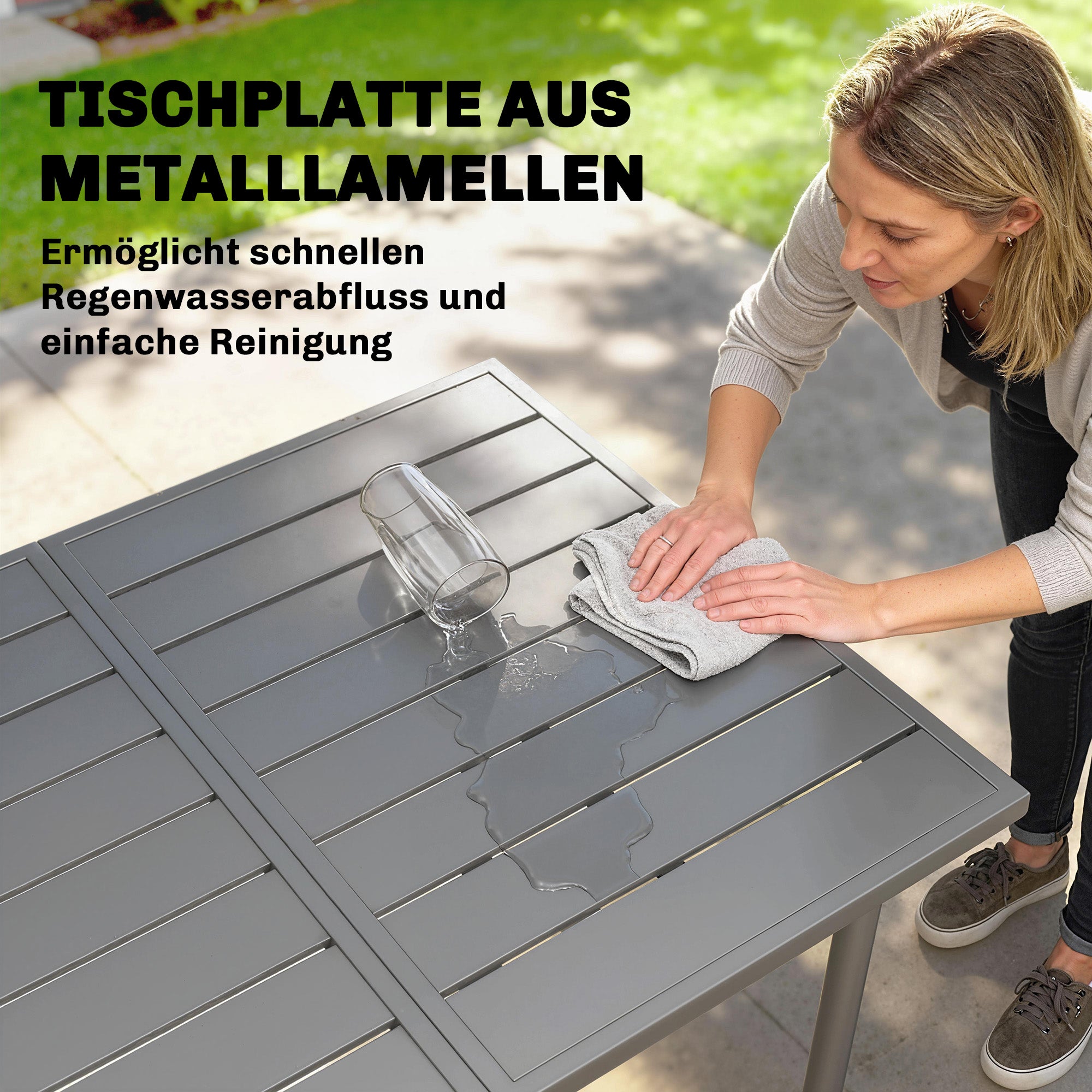 Outdoor Dining Table 65 x 31.5 in for 6 — Slatted Metal Top, Powder-Coated Steel Frame, Weather-Resistant (Dark Gray)
