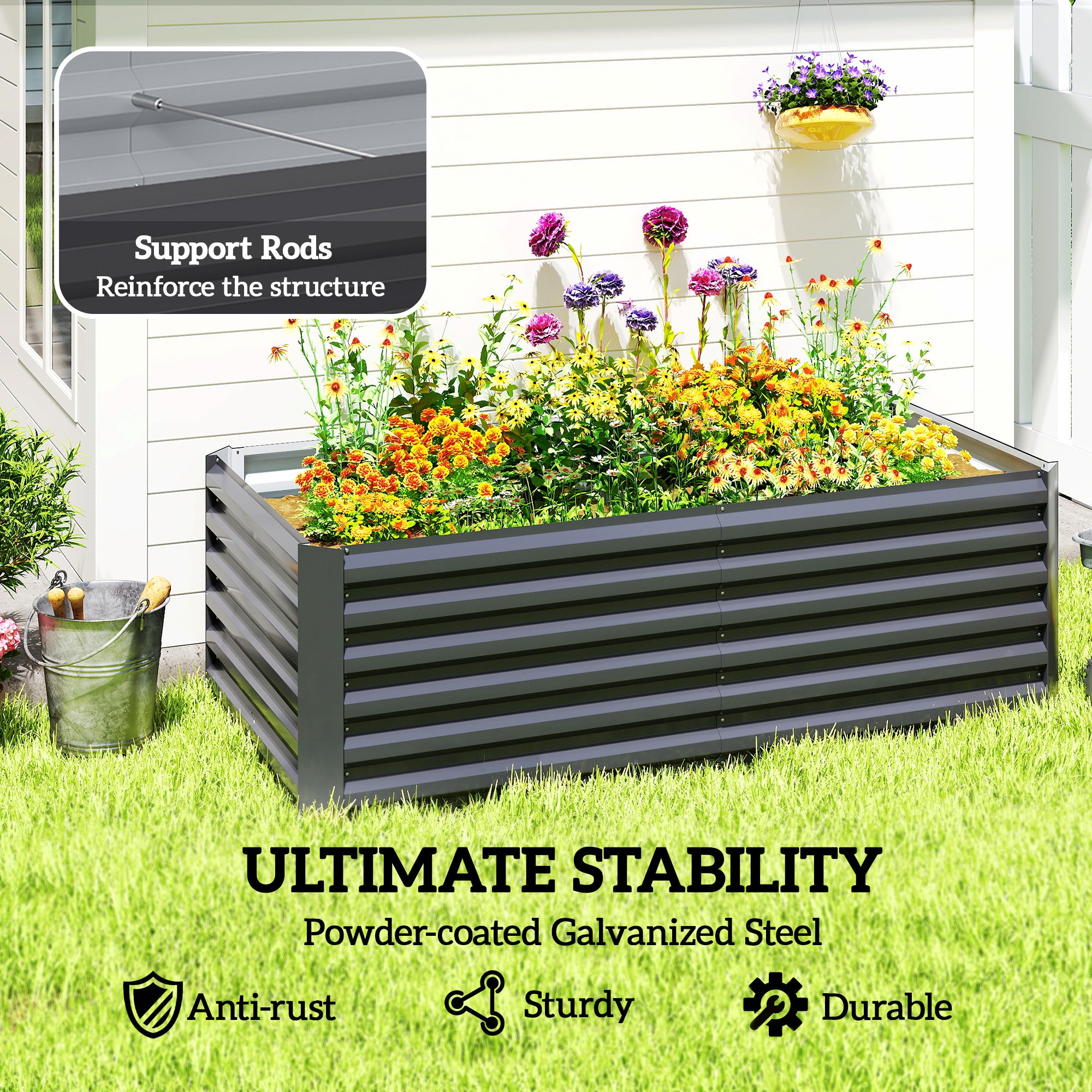 Galvanized Steel Raised Garden Bed 71 x 35.4 x 22.6 in — Deep Planter with Support Rods & Open Bottom, Weatherproof Herb and Vegetable Planter for Garden & Balcony, Dark Gray