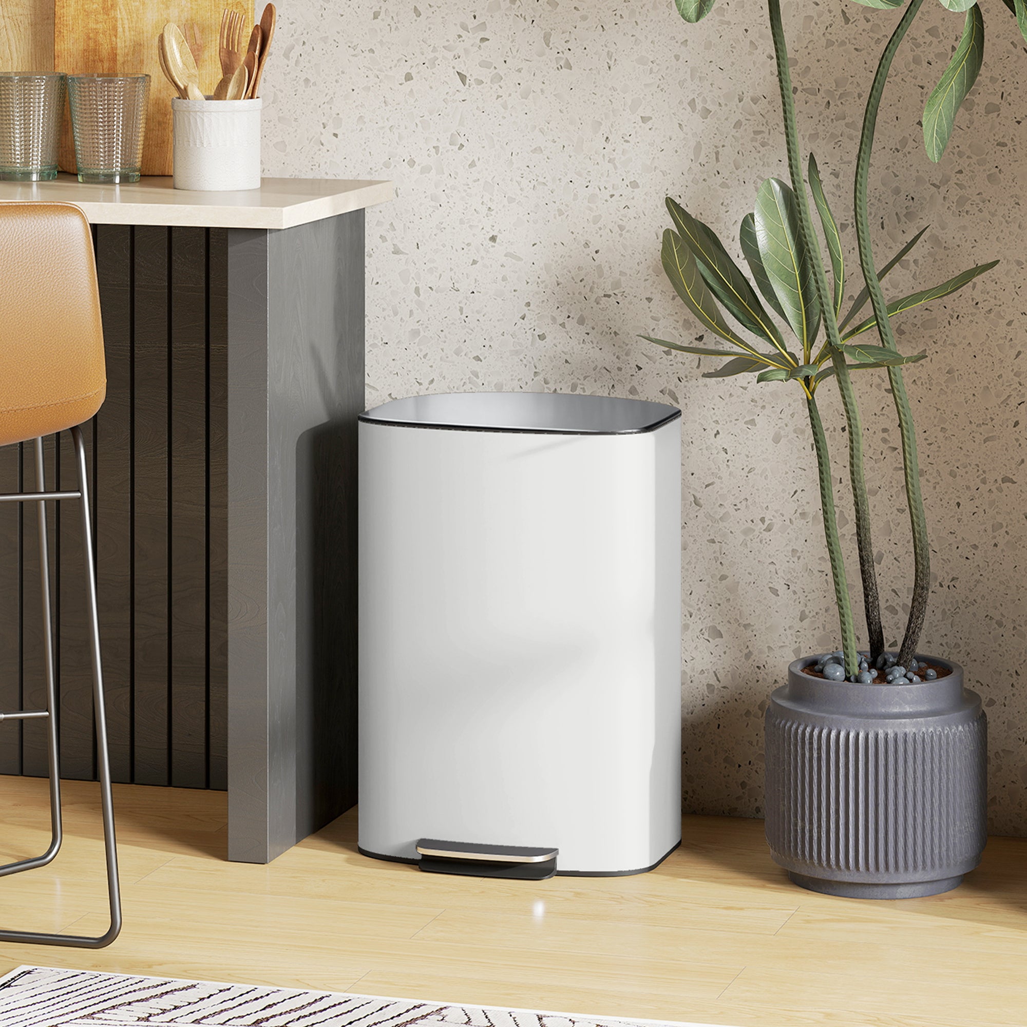 50L Kitchen Step Trash Can – Stay-Open & Soft-Close Lid, Pedal Bin, Stainless Steel, Cream White, 17.8 x 14.4 x 24.6 in