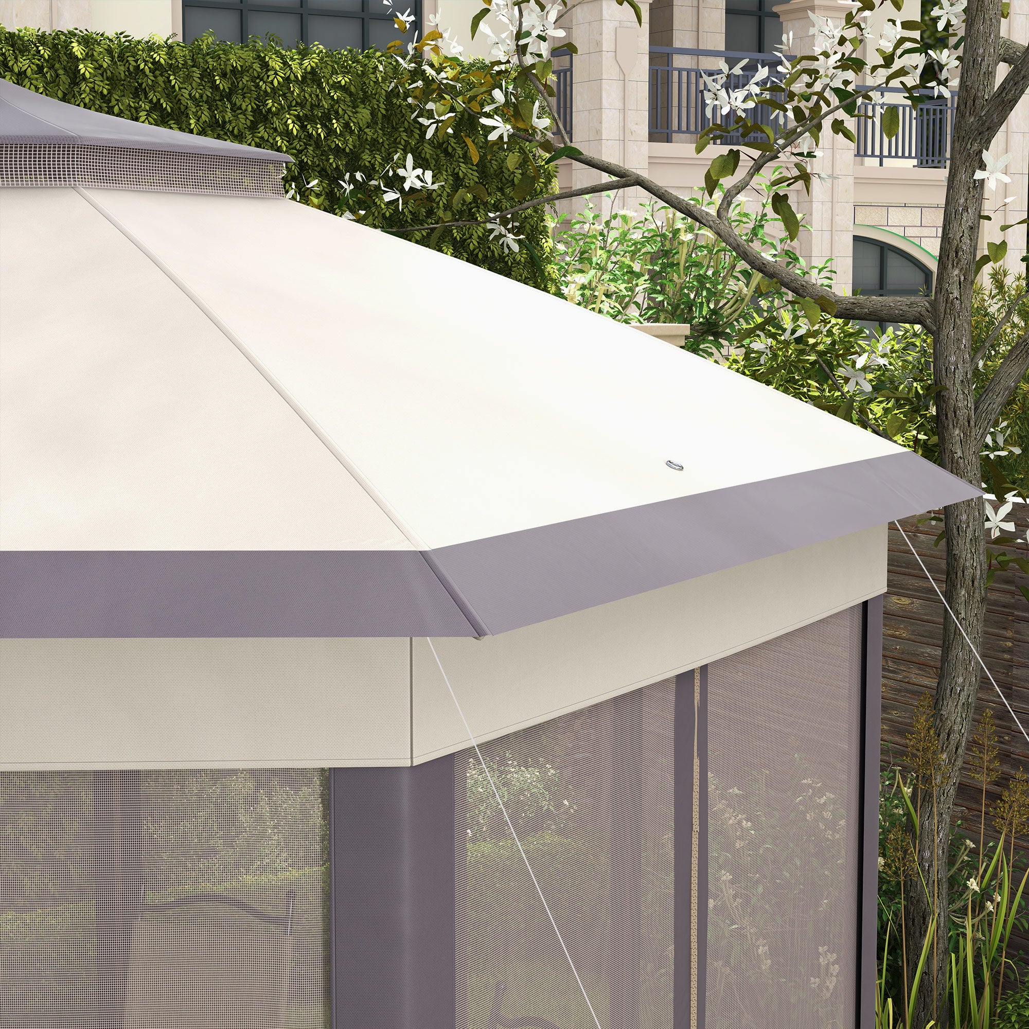 Pavilion 4x4m Waterproof Pop-up Hexagonal Foldable Pavilion, Double Roof, Garden Pavilion with 6 Side Panels, Party Tent incl. Carrying Bag, for Garden, Terrace, Festival, Coffee+Beige