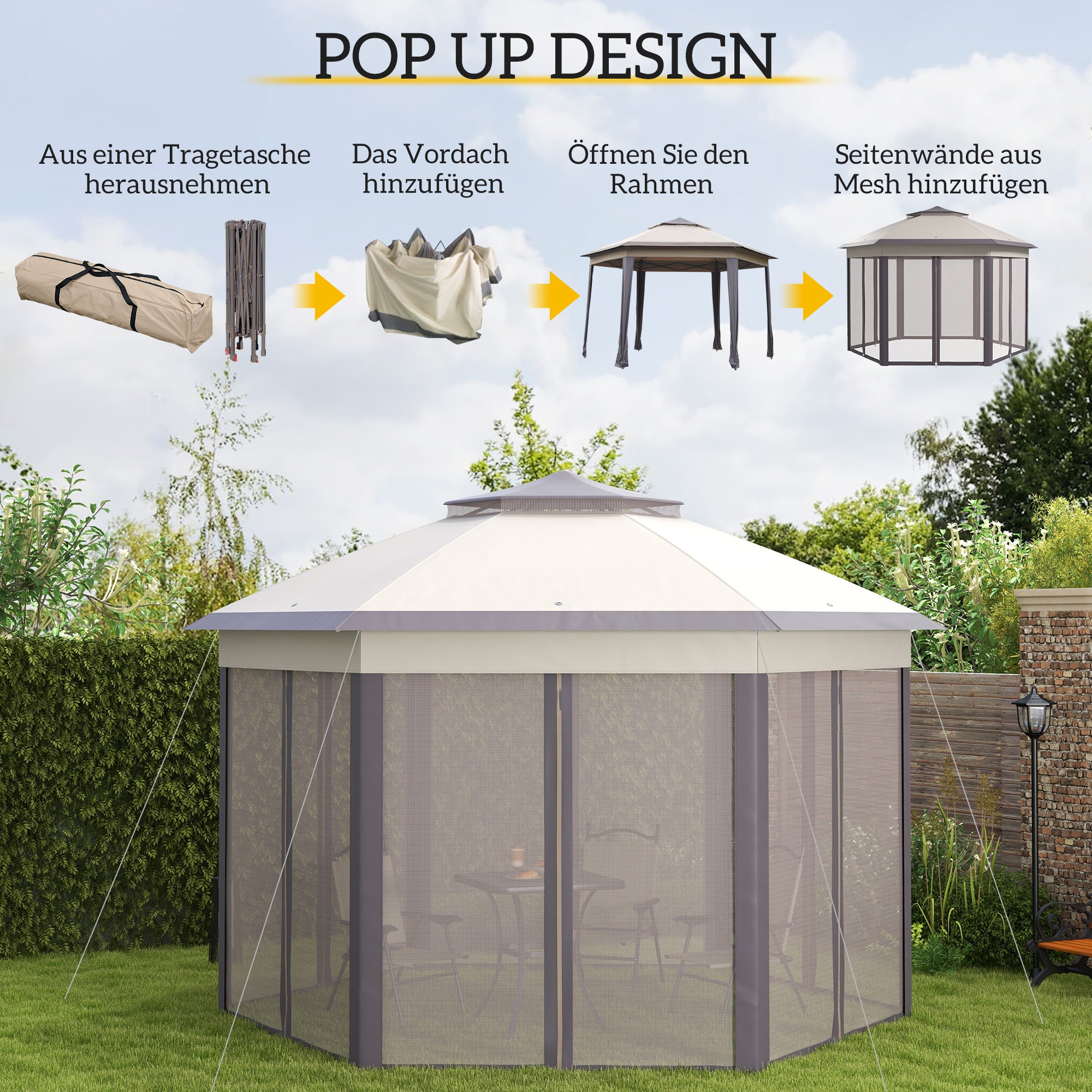 Pavilion 4x4m Waterproof Pop-up Hexagonal Foldable Pavilion, Double Roof, Garden Pavilion with 6 Side Panels, Party Tent incl. Carrying Bag, for Garden, Terrace, Festival, Coffee+Beige