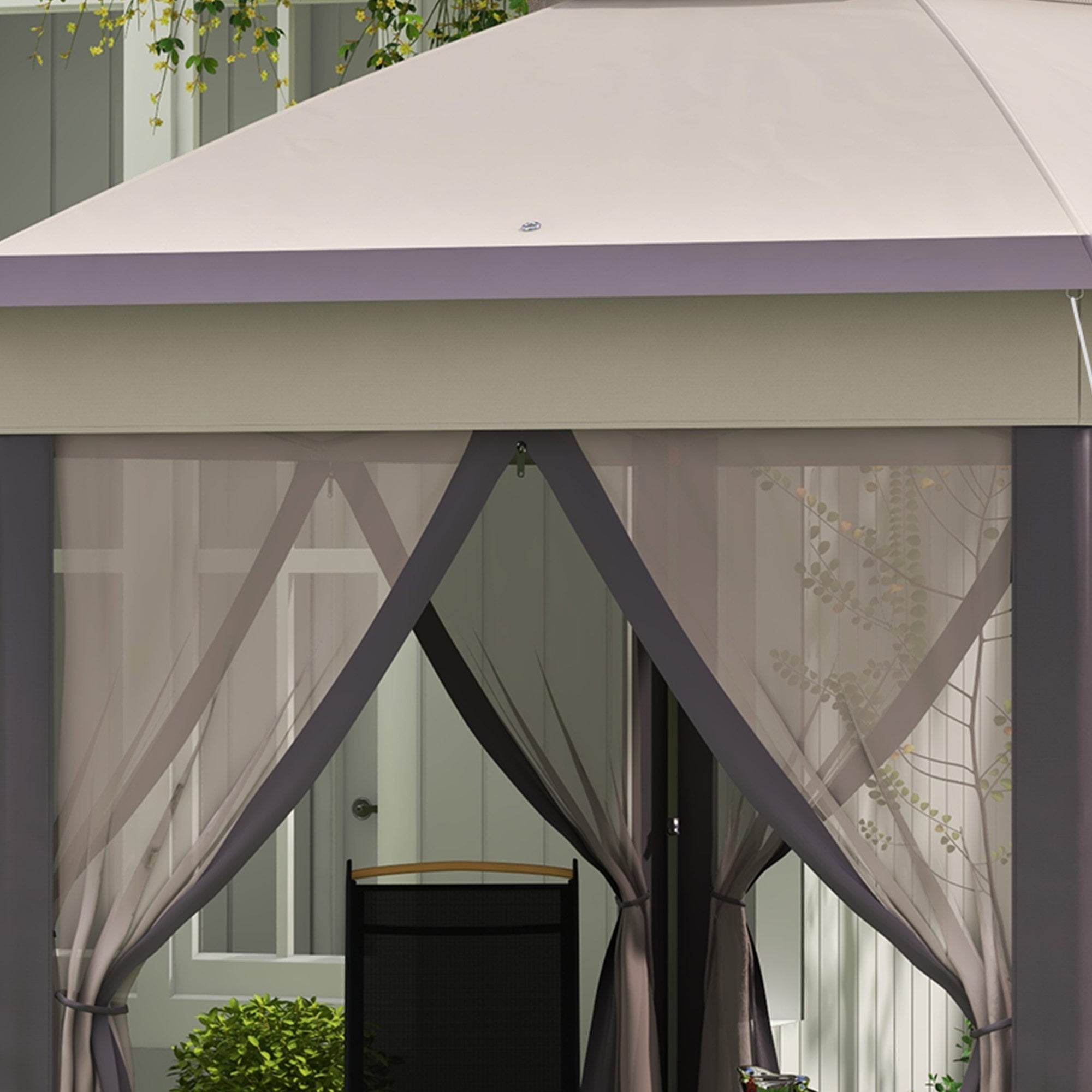 Pavilion 4x4m Waterproof Pop-up Hexagonal Foldable Pavilion, Double Roof, Garden Pavilion with 6 Side Panels, Party Tent incl. Carrying Bag, for Garden, Terrace, Festival, Coffee+Beige